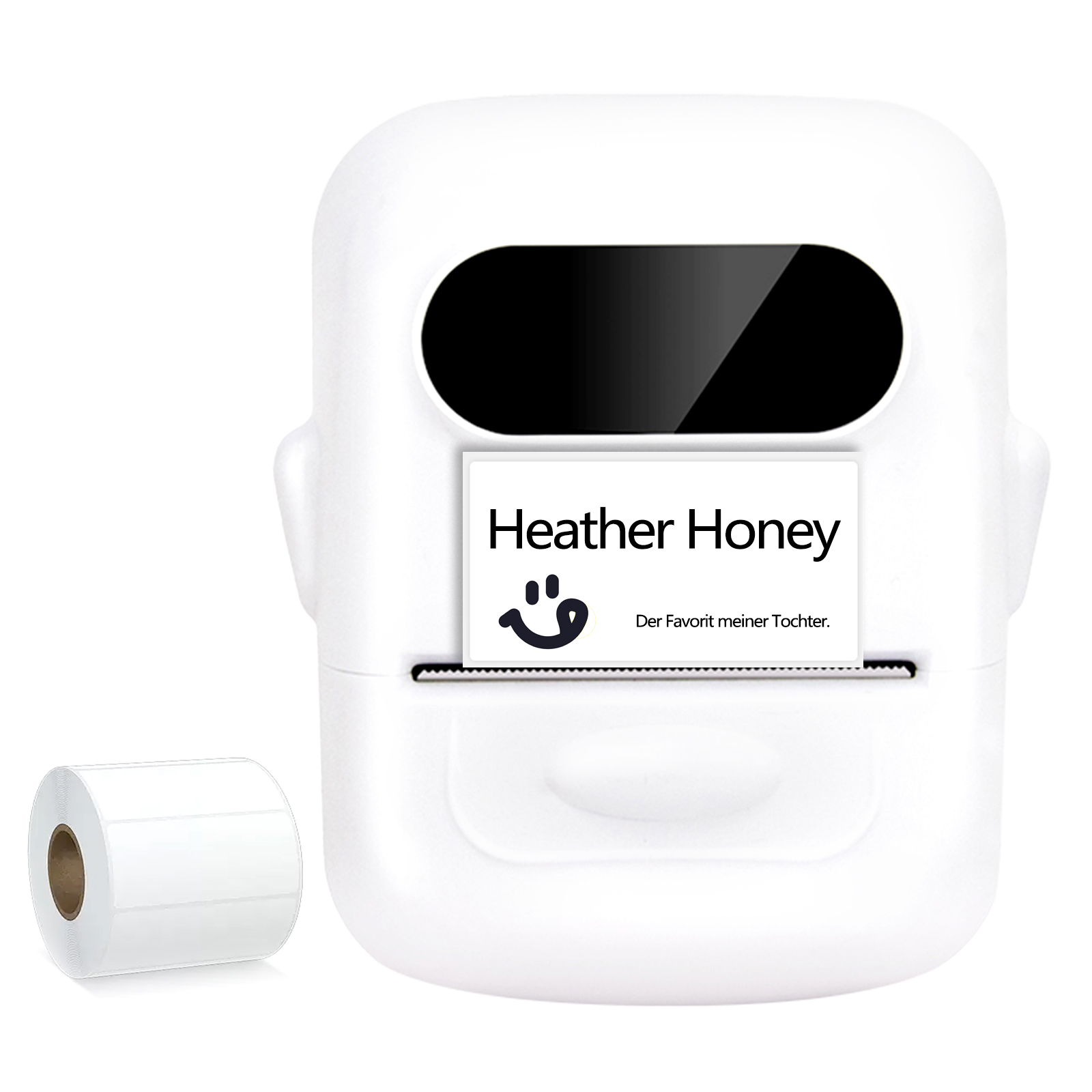 Weißer Etikettendrucker mit einer Rolle Etiketten und einem Etikett mit 'Heather Honey' und einem Smiley.