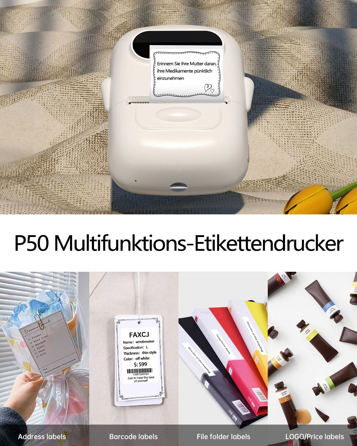 Ein weißer Etikettendrucker mit einem gedruckten Etikett. Darunter Beispiele: Adress-, Barcode-, Ordner- und Logoetiketten. Text: P50.