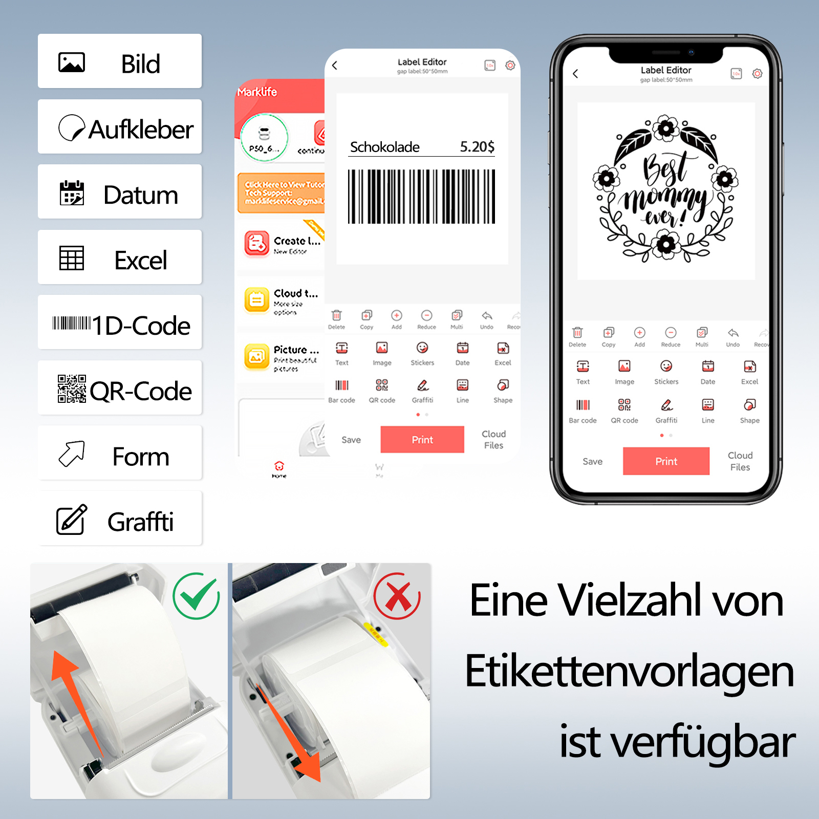 Bildschirme zeigen Etiketteneditor-Apps mit Barcode- und Textoptionen. Ein Drucker zeigt korrektes und inkorrektes Laden.