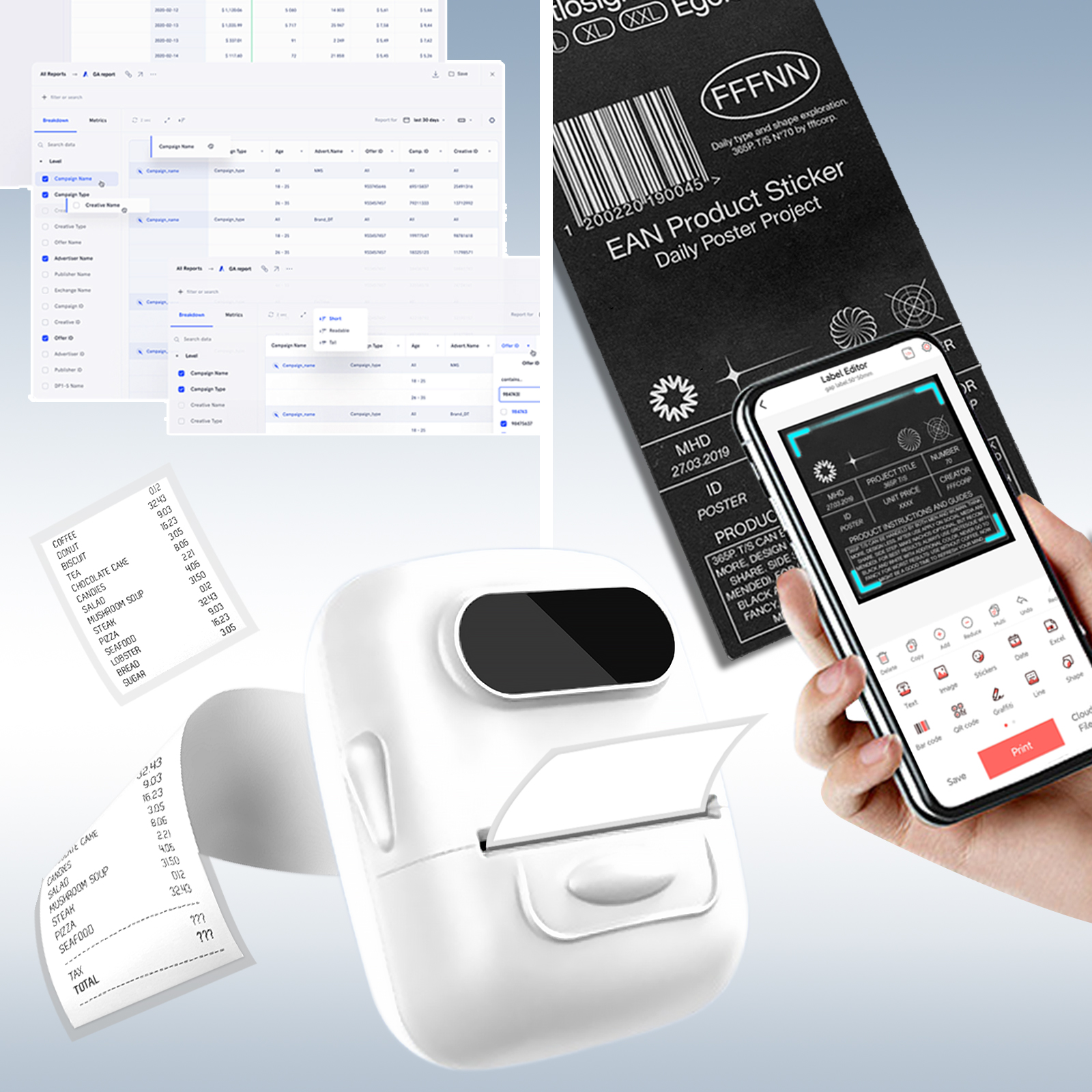 Ein Beleg wird von einem kleinen Drucker gedruckt. Ein Telefon zeigt ein Etikettendesign, und ein Poster ist im Hintergrund.