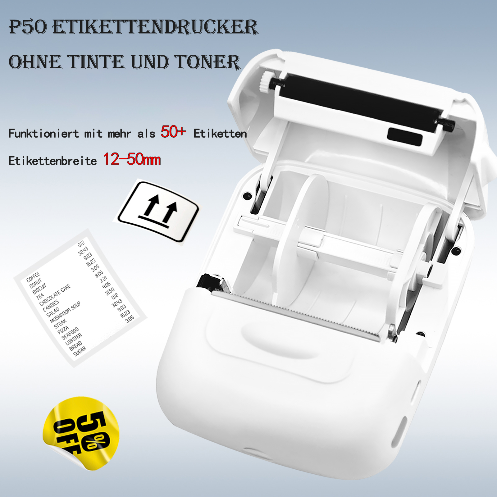 Ein weißer Etikettendrucker mit offenem Deckel, einem Ausdruck und einem Aufkleber. Text enthält '50+ Etiketten', '12-50mm'.