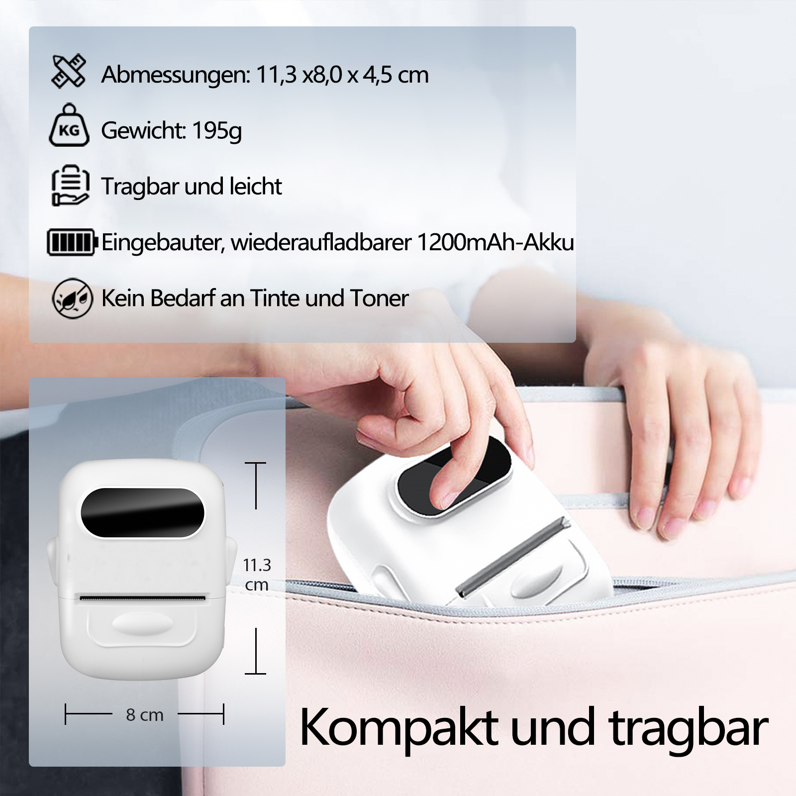 Weißer tragbarer Drucker in einer rosa Tasche. Hand berührt die Oberseite. Abmessungen und Gewicht sind ebenfalls genannt.