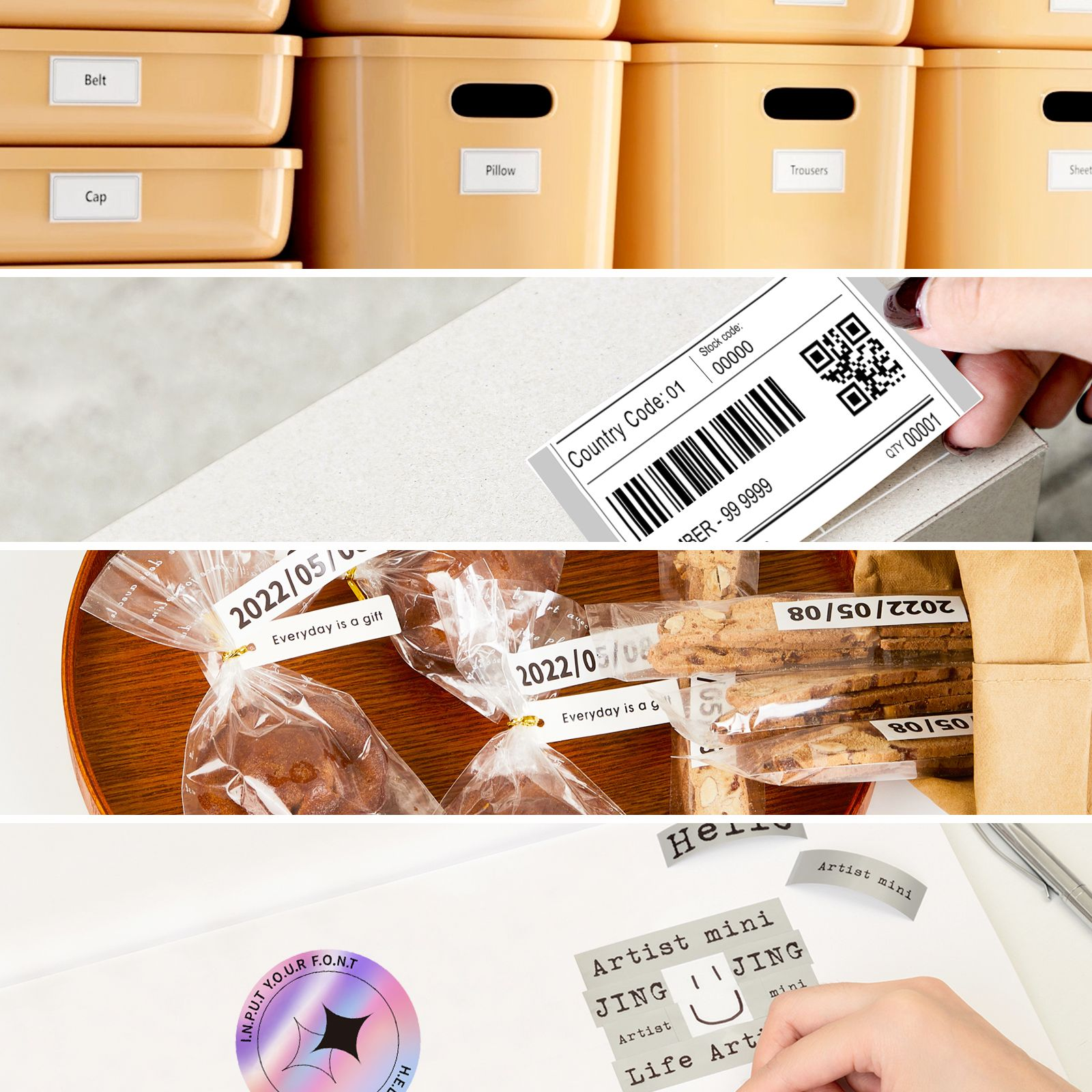Das Bild zeigt verschiedene Artikel: Kisten mit Etiketten, ein Barcode-Etikett, verpackte Kekse und ein Grafikdesign.