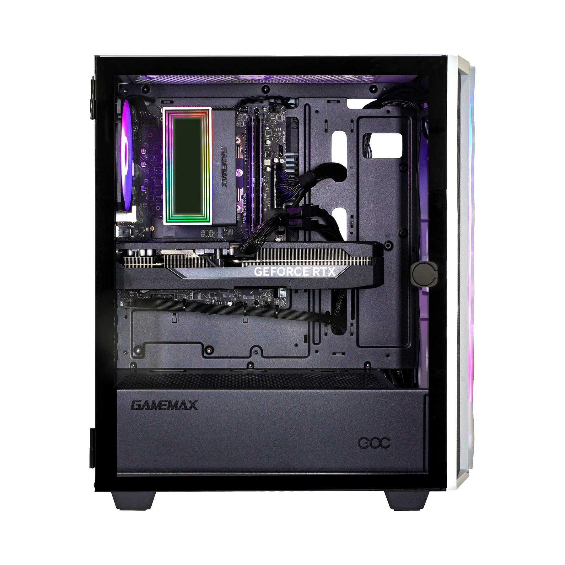 In einem Computergehäuse sind eine GeForce RTX-Grafikkarte, ein Motherboard und ein Kühler sichtbar. Das Gehäuse hat eine Glas-Seitenwand.