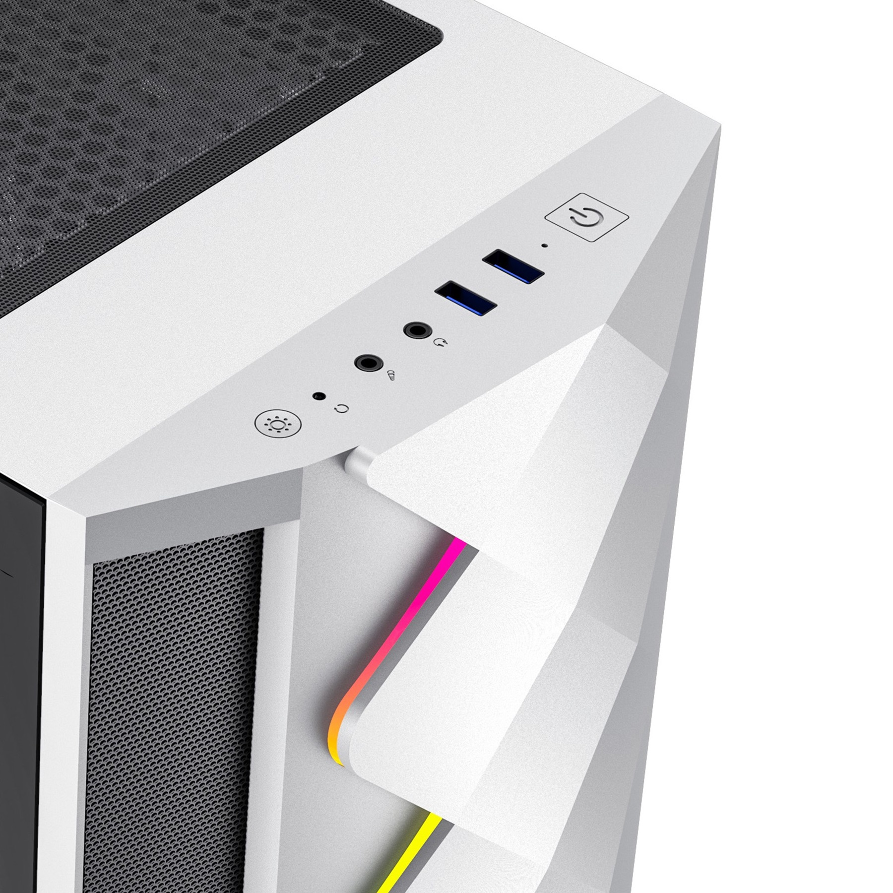 Weiße Computergehäusefront mit Ein-/Ausschalter, USB-Anschlüssen und Audioanschlüssen. Mesh und LED-Leuchten sind ebenfalls sichtbar.