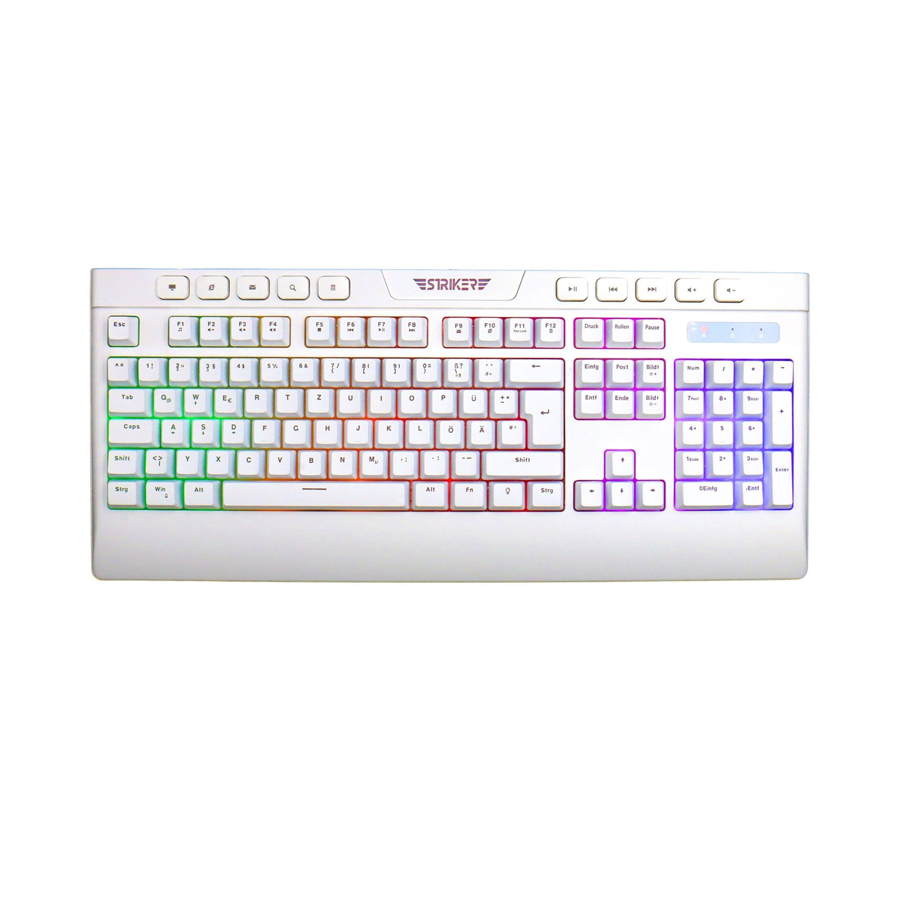 Weiße Tastatur mit mehrfarbig hinterleuchteten Tasten. Oben befinden sich Funktionstasten, unten Buchstaben und Zahlen.