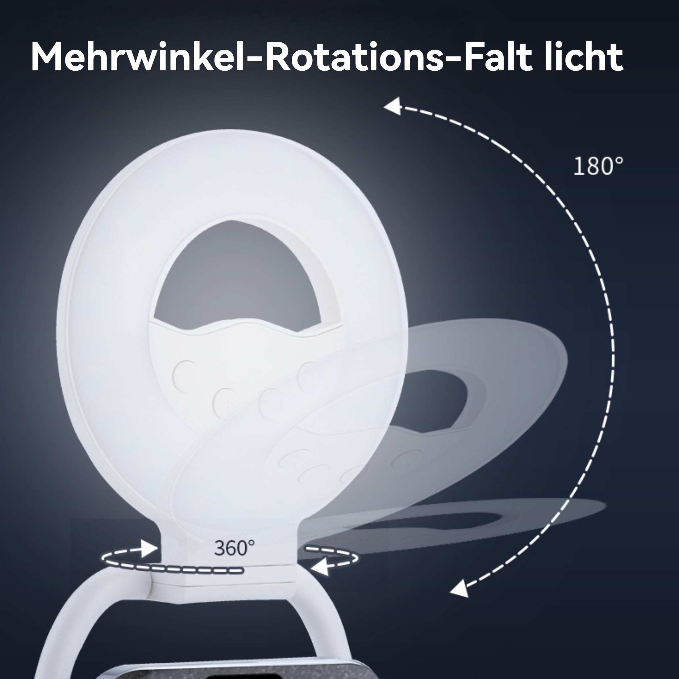 Ein weißes Ringlicht mit Telefonhalter. Das Bild zeigt 180- und 360-Grad-Drehmöglichkeiten. Der Hintergrund ist dunkel.