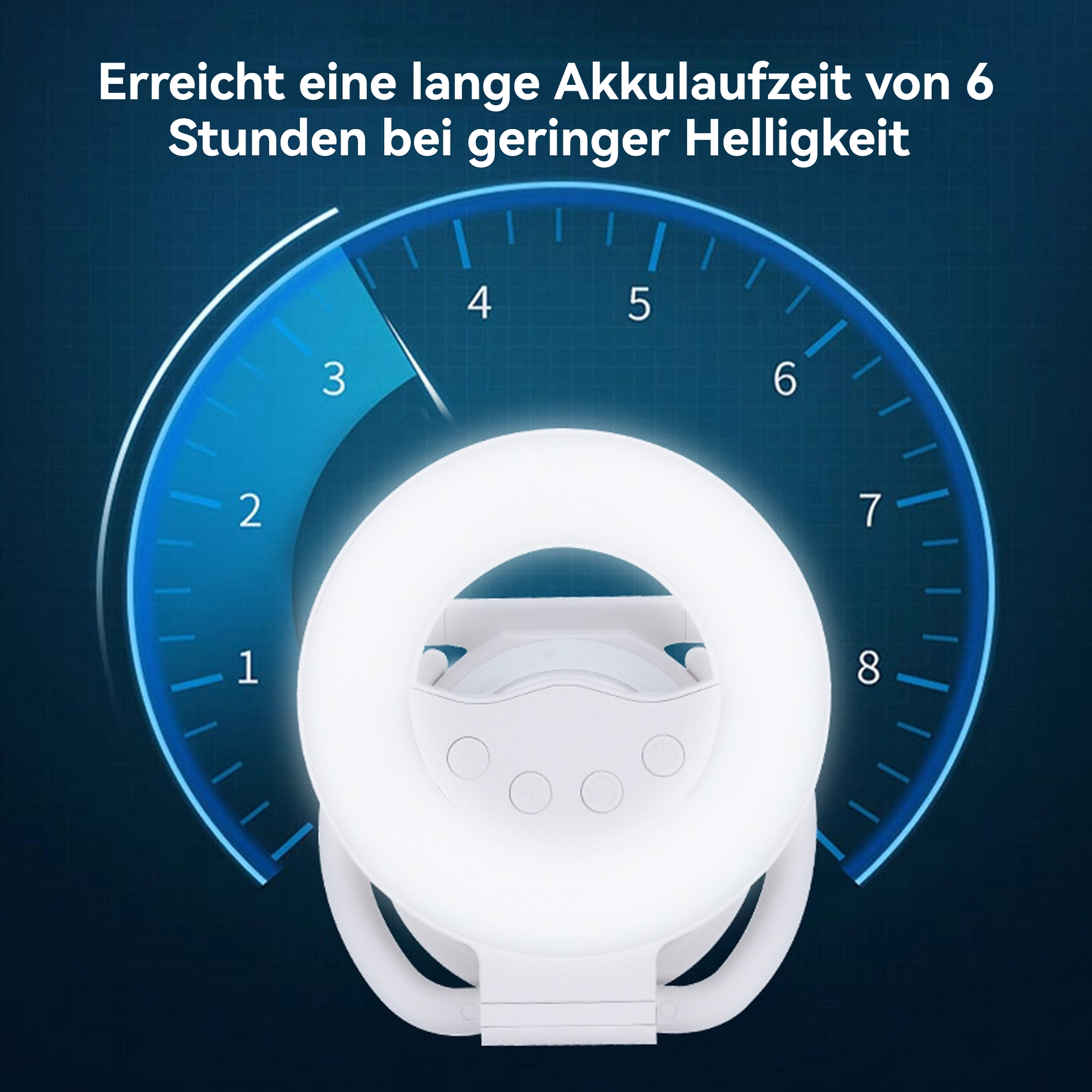 Weißes Ringlicht mit blau getöntem Zifferblatt, das die Akkulaufzeit anzeigt. Text besagt, dass es bei geringer Helligkeit 6 Stunden hält.