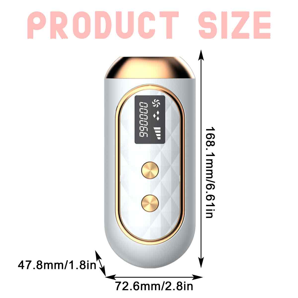 Ein silbernes Gerät mit Display, das Zahlen und Symbole anzeigt. Beschriftet mit Abmessungen: 168,1 mm/6,61 Zoll, 72,6 mm/2,8 Zoll und 47,8 mm/1,8 Zoll.
