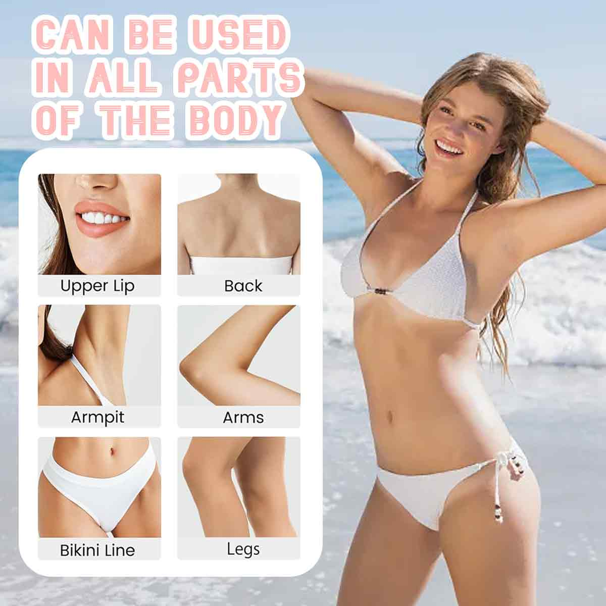 Frau im weißen Bikini am Strand, mit Bildern von Körperteilen: Oberlippe, Rücken, Achsel, Arme, Bikinilinie, Beine. Text: Kann in allen Teilen verwendet werden.