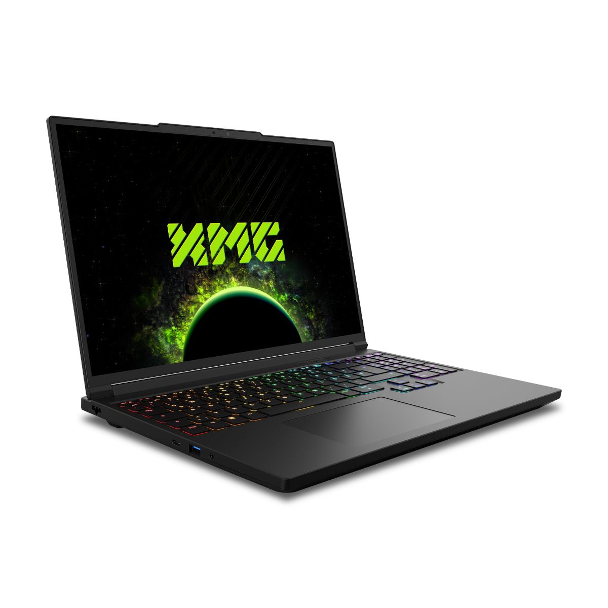 Schwarzer Laptop mit bunter Tastatur. Der Bildschirm zeigt ein grünes Logo und einen Weltraumhintergrund. Der Laptop steht auf schwarzem Untergrund.