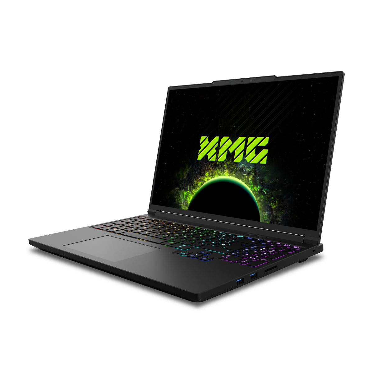 Ein schwarzer Laptop zeigt ein grünes Logo vor einem Weltraumhintergrund. Die Tastatur hat bunte Lichter, und der Bildschirm ist geöffnet.