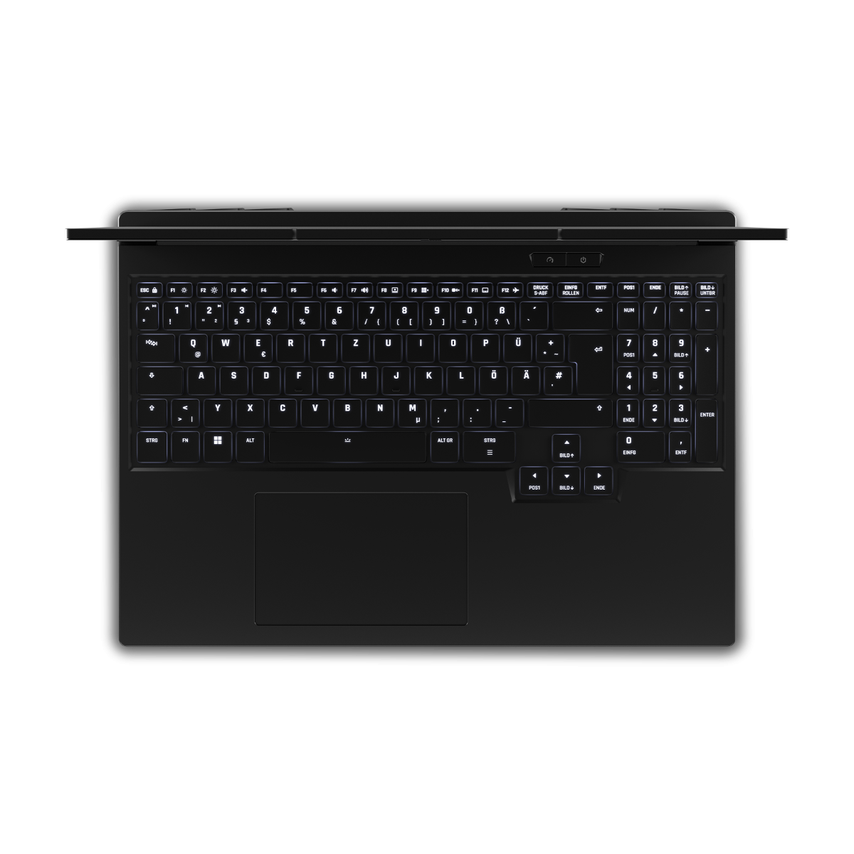 Eine schwarze Laptop-Tastatur mit weiß hinterleuchteten Tasten. Oben ist ein kleiner Bildschirm, unten ein Touchpad.