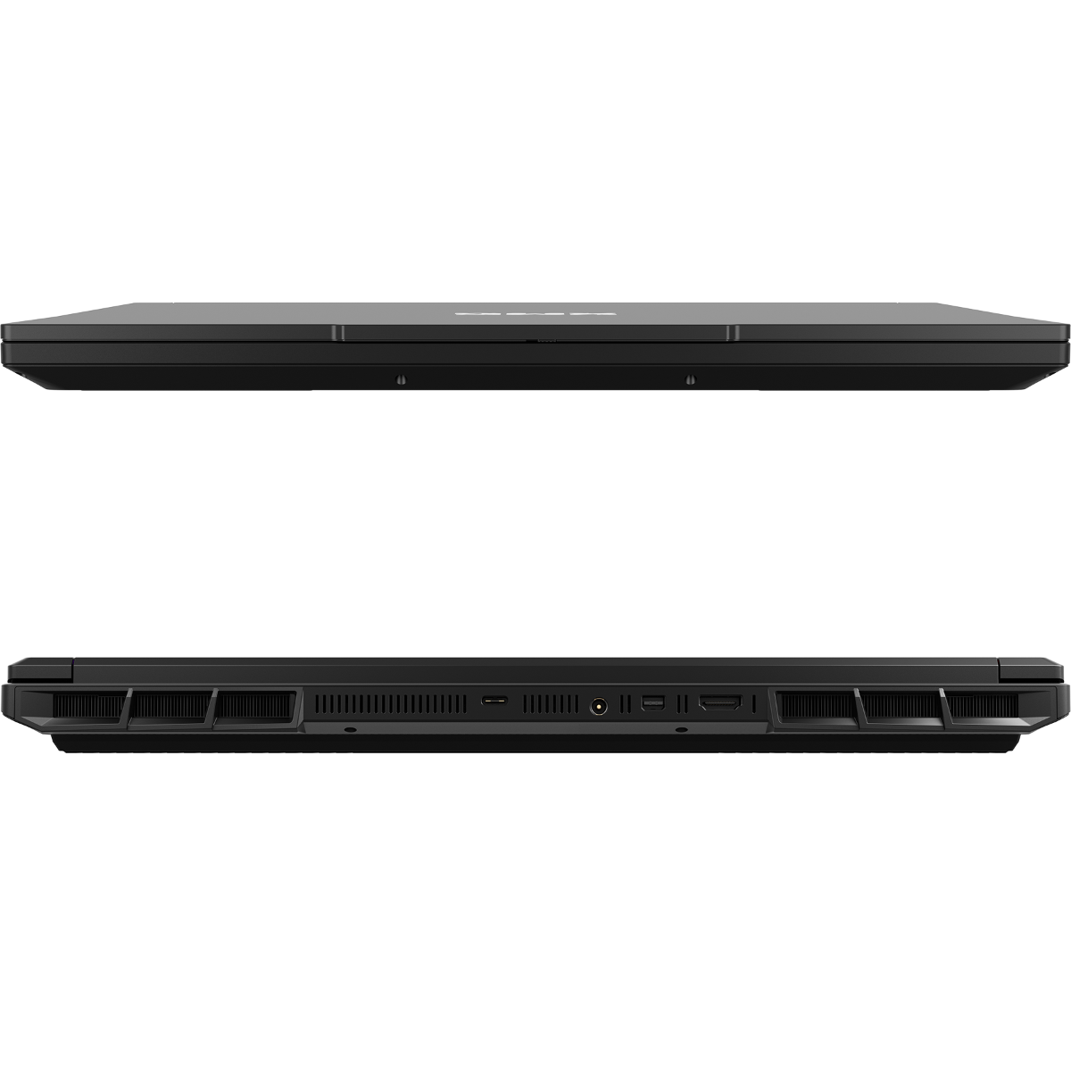 Ein schwarzer Laptop wird aus zwei Blickwinkeln gezeigt. Die Draufsicht zeigt den geschlossenen Deckel, die Unteransicht die Seite mit Anschlüssen.