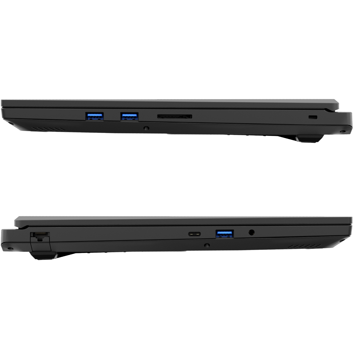 Zwei schwarze Laptops mit verschiedenen Anschlüssen, darunter USB- und SD-Karten-Steckplätze, vor schwarzem Hintergrund.