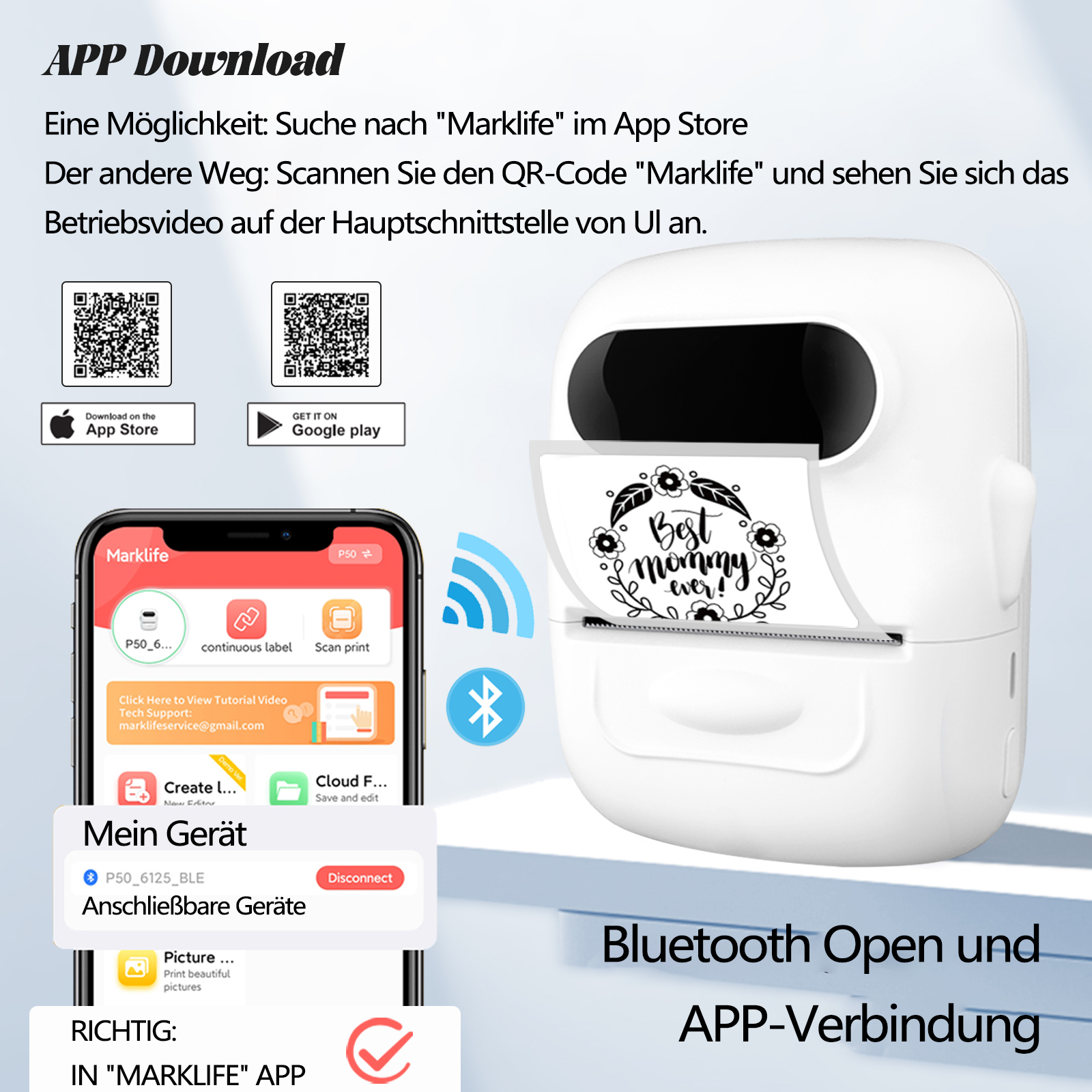 Ein weißer Drucker mit einem schwarzen Bildschirmtelefon, das App-Funktionen zeigt. QR-Codes für den App-Download werden angezeigt.