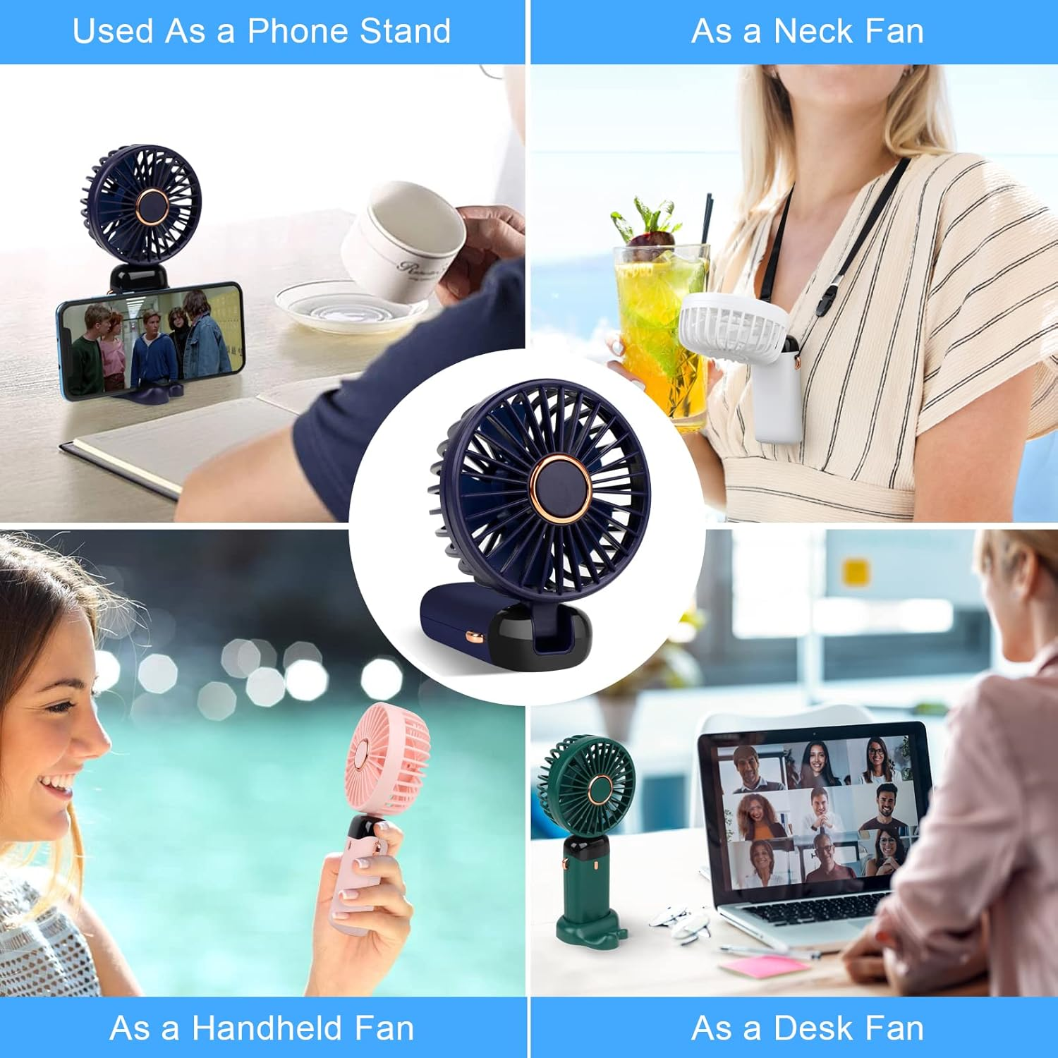 Das Bild zeigt einen Ventilator, der als Telefonständer, Nackenventilator, Handventilator und Tischventilator verwendet wird.
