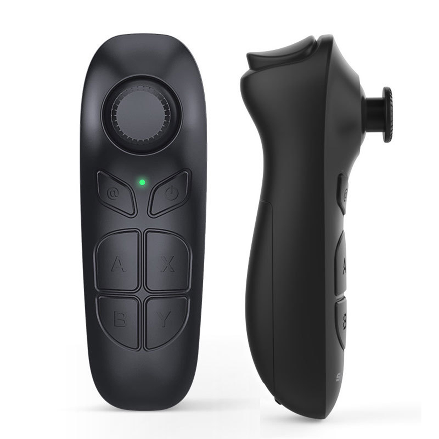 Due viste di un controller VR nero. Una mostra pulsanti e un quadrante, l'altra l'impugnatura. Il controller ha i pulsanti A, B, X, Y.