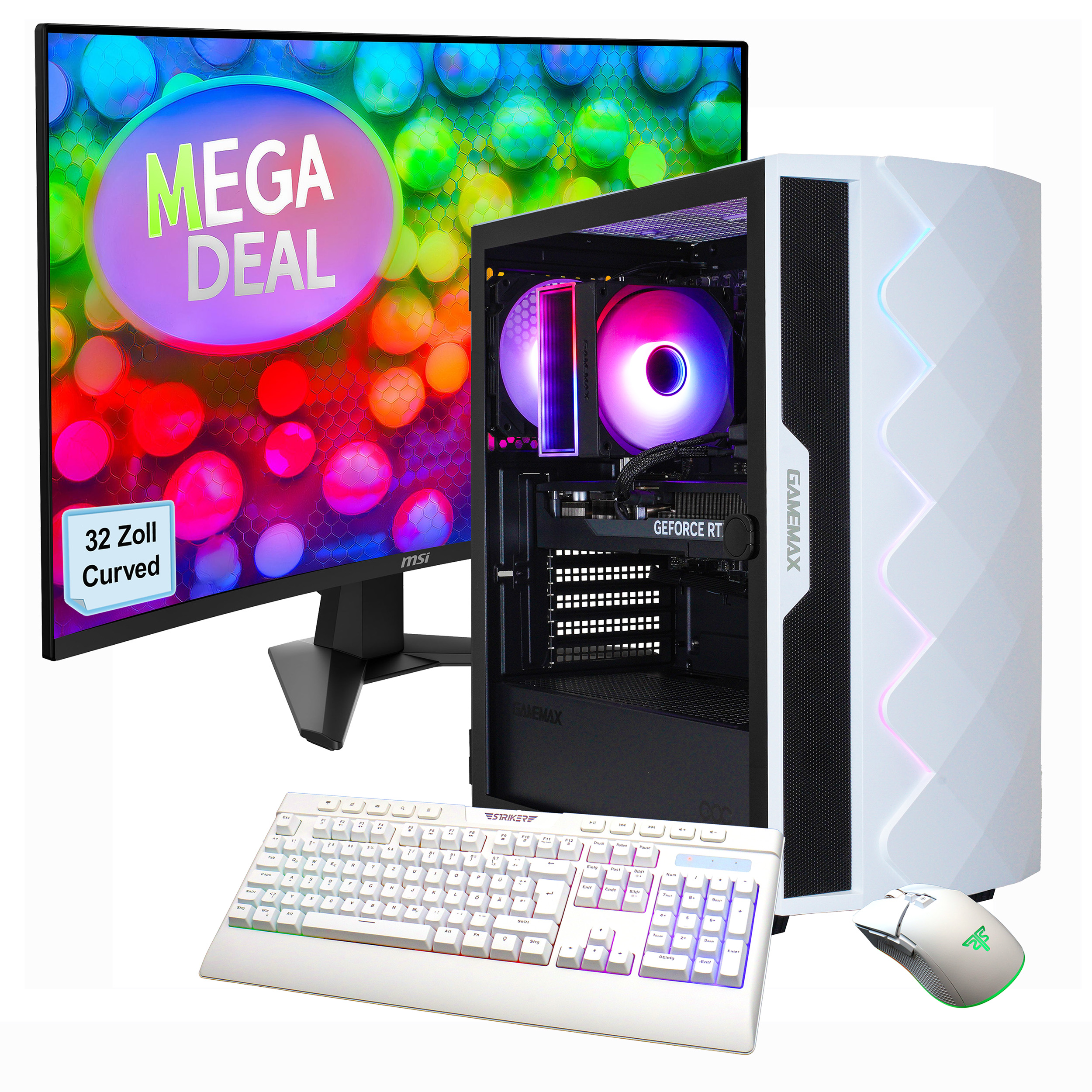 Ein Gaming-PC-Setup mit gebogenem Monitor, weißer Tastatur, Maus und einem weißen Computergehäuse mit Lichtern.