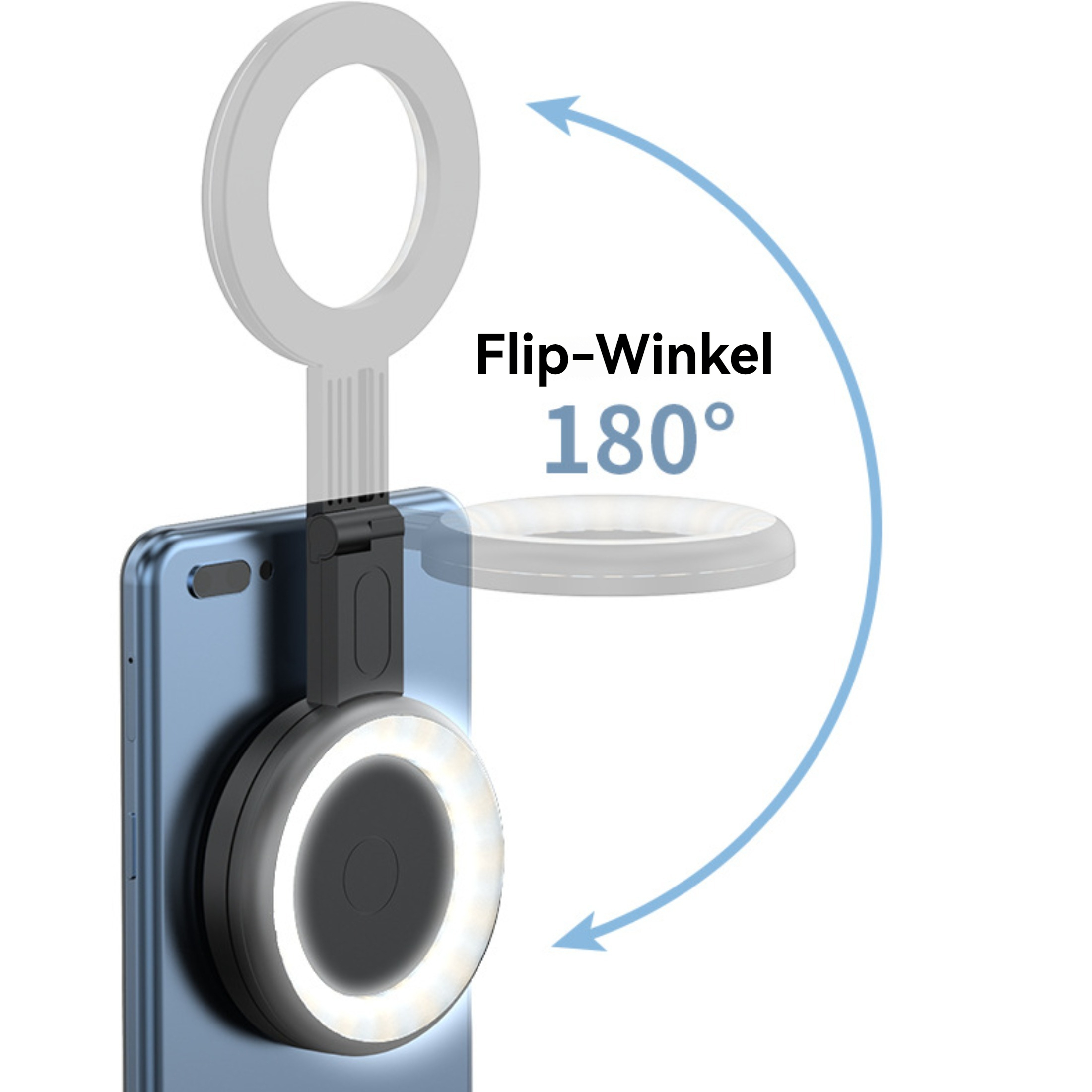 Ein Telefon mit angesetztem Ringlicht, das einen 180-Grad-Klappwinkel zeigt. Das Licht ist an.
