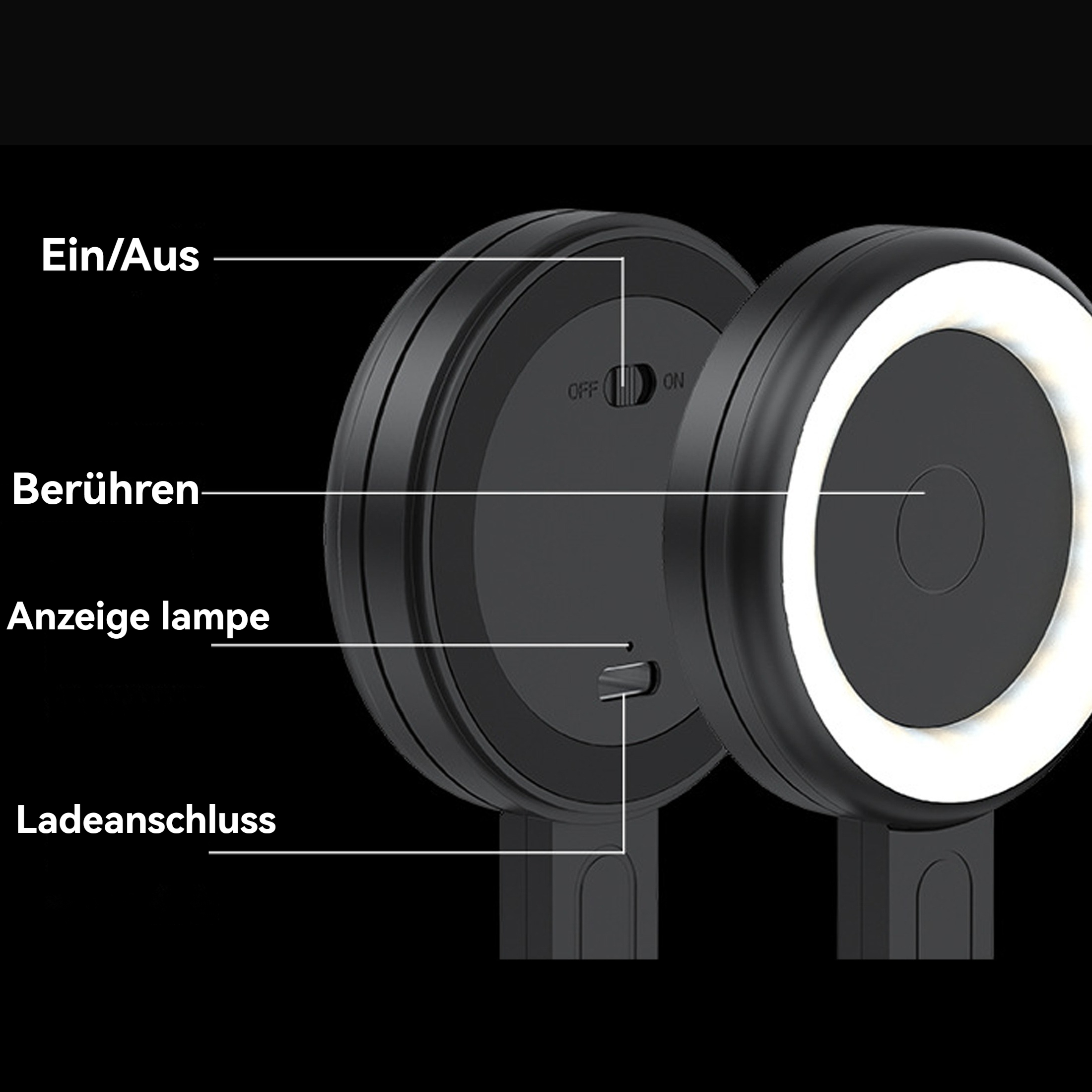 Ein schwarzes Ringlicht mit weißem Lichtring. Beschriftete Abschnitte umfassen Ein/Aus, Berührung, Anzeigeleuchte und Ladeanschluss.