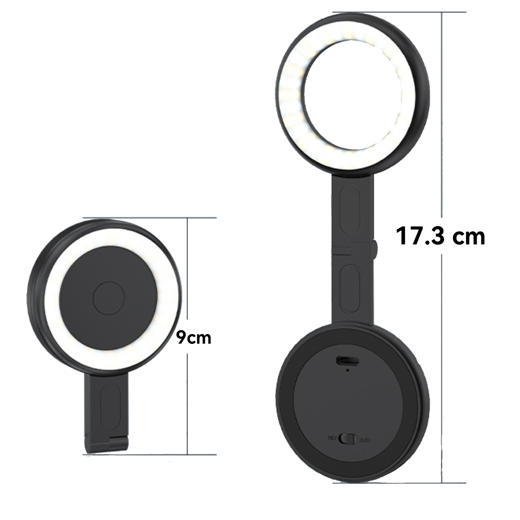 Schwarzes Ringlicht mit weißem LED-Rand, gefaltet und ausgefahren, mit den Maßen 9 cm und 17,3 cm. Inklusive Ein-/Ausschalter.