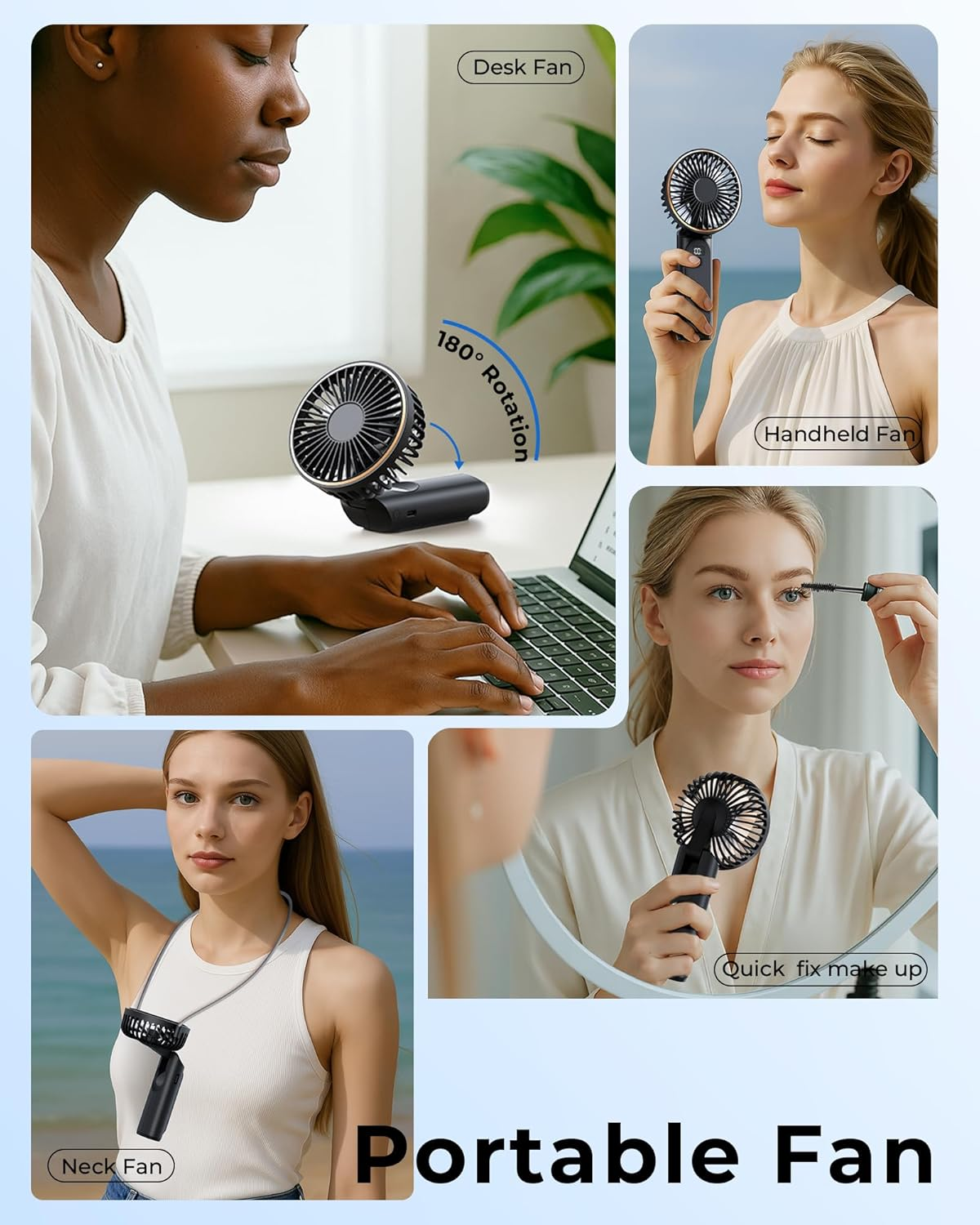 Das Bild zeigt einen tragbaren Ventilator, der auf verschiedene Weise verwendet wird: als Tischventilator, Handventilator, Nackenventilator. Menschen nutzen ihn für Make-up und im Freien.
