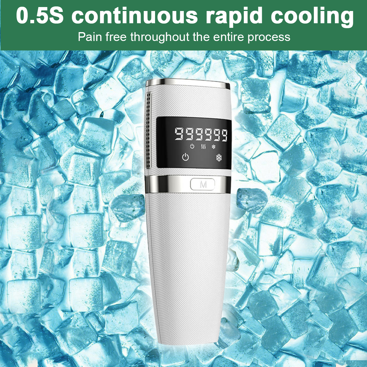 Ein weißes Gerät mit Digitalanzeige und Symbolen, umgeben von Eiswürfeln, wirbt für schnelle Kühlung.