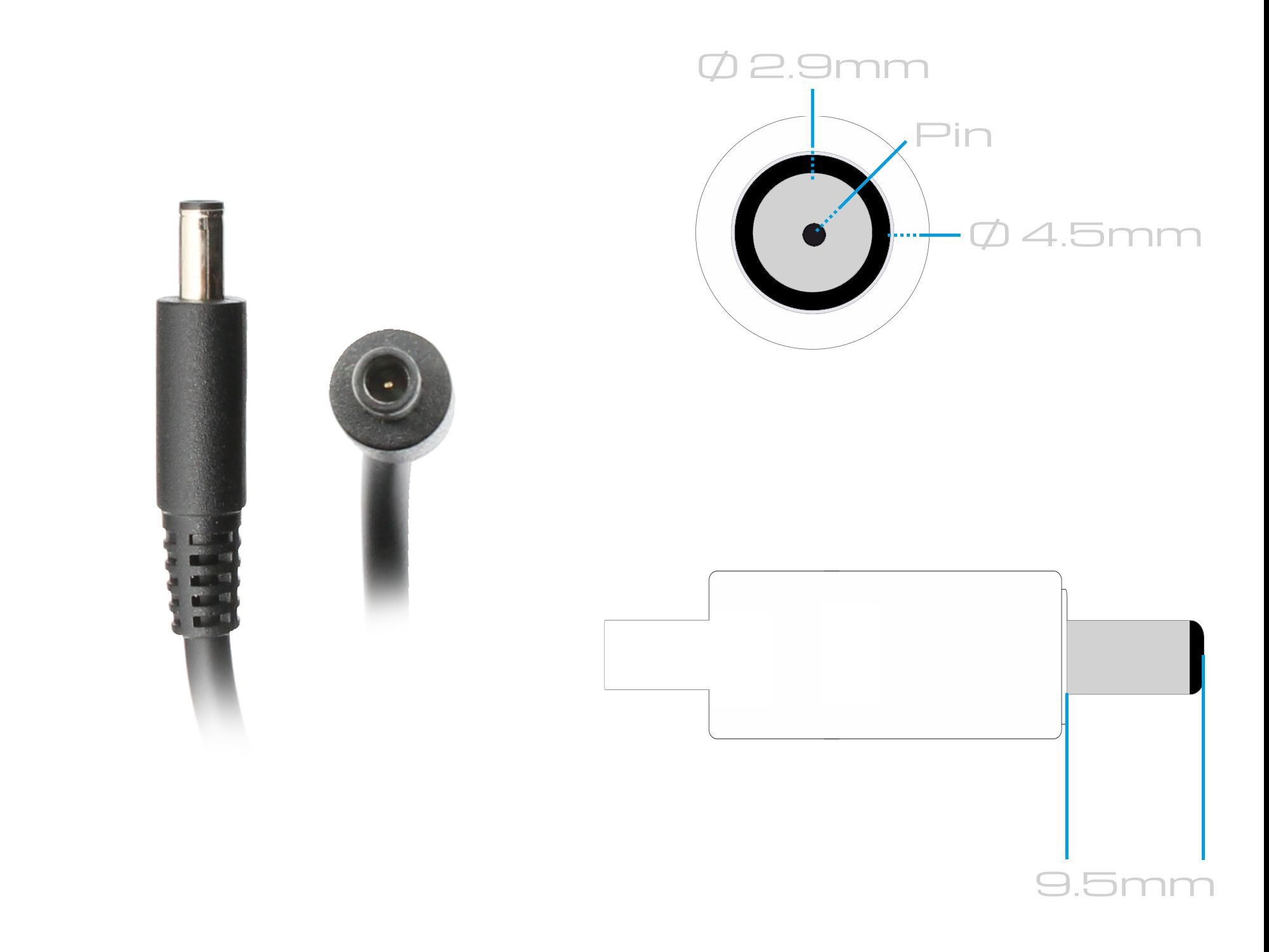 Netzteil mit Maßen. Der Adapter ist schwarz, der Stecker rund. Maße wie 2,9 mm, 4,5 mm und 9,5 mm sind angegeben.
