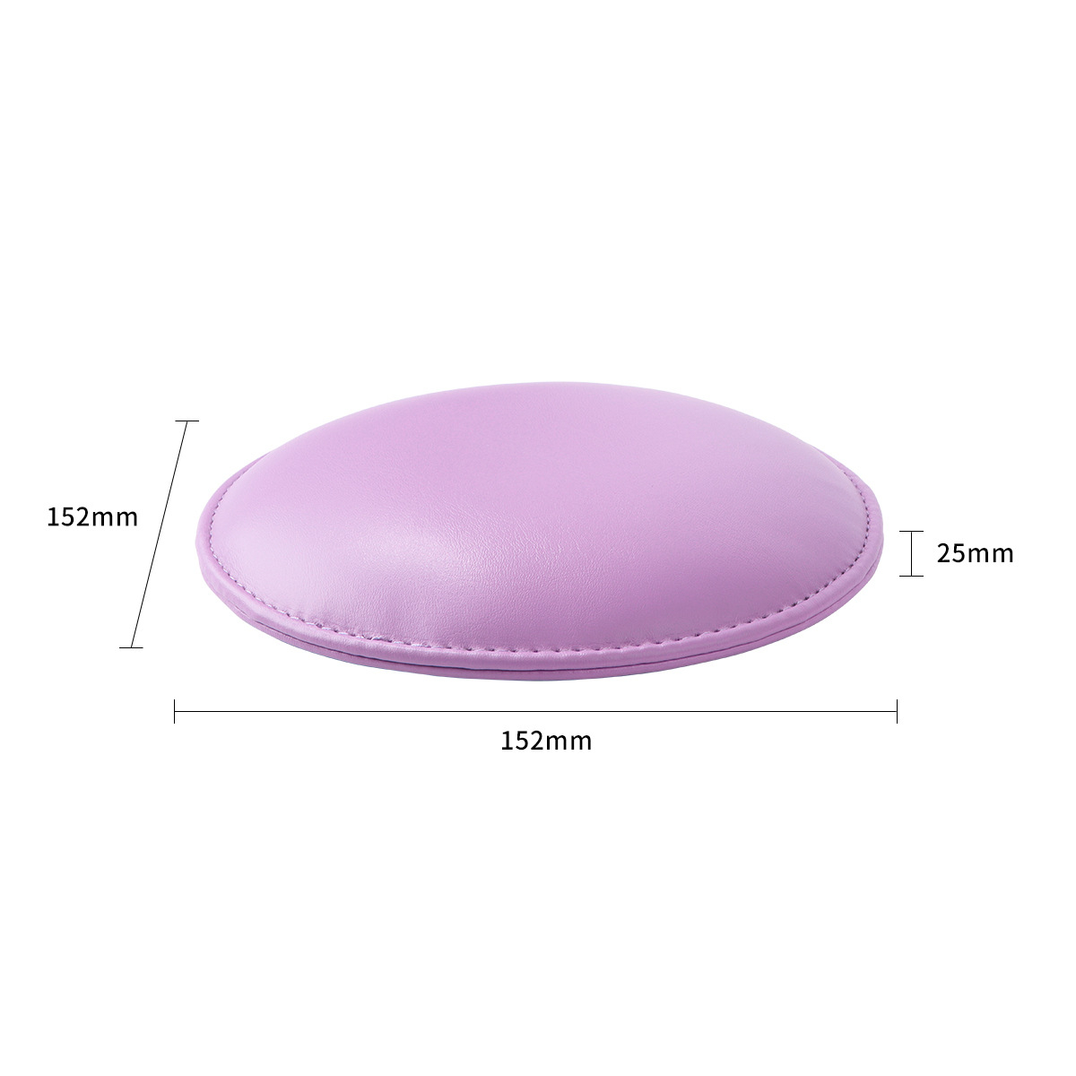 Ein hellviolettes, ovales Objekt auf weißem Grund mit Größenangaben: 152 mm Breite und Länge, 25 mm Dicke.