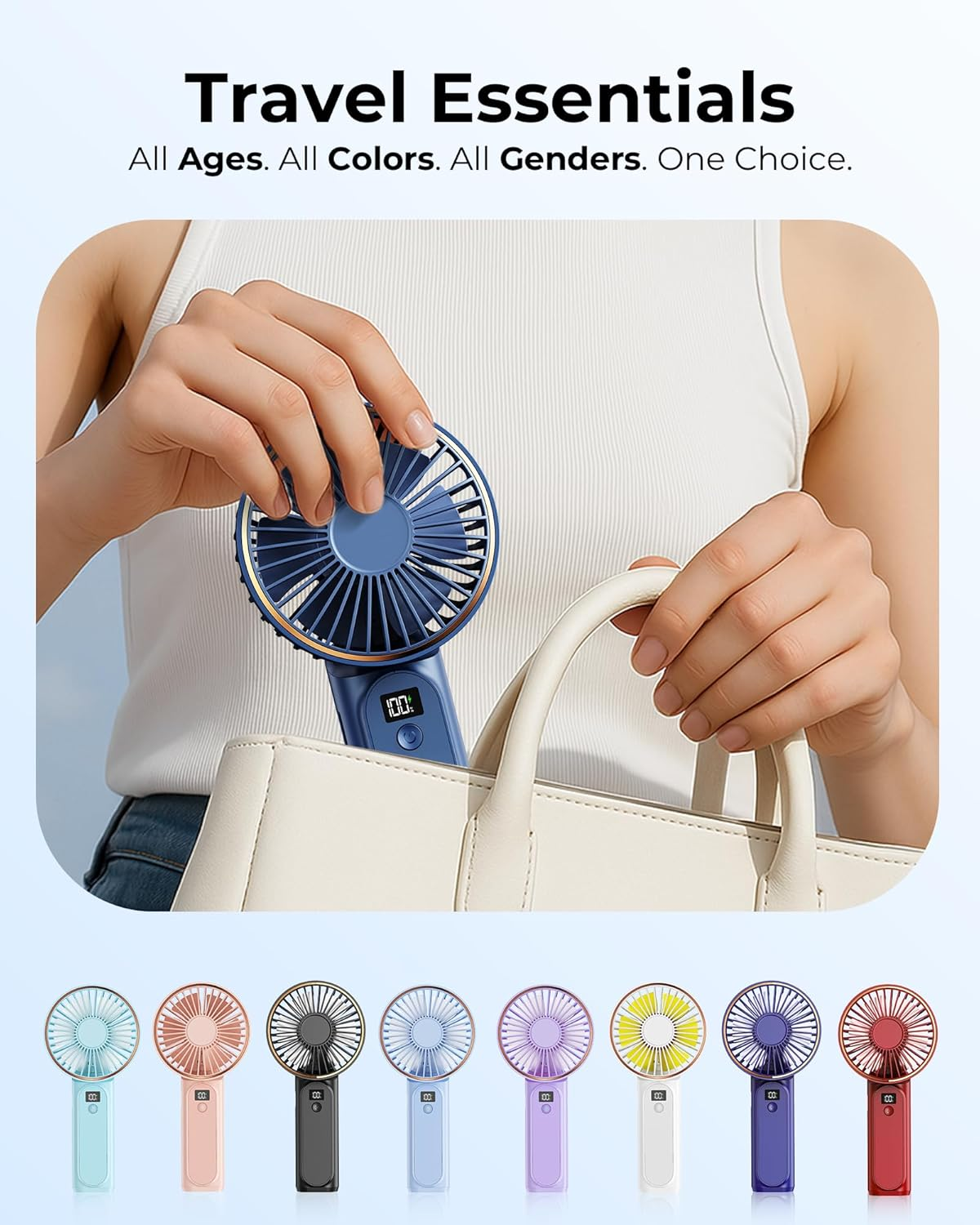 Eine Person hält einen blauen Handventilator. Unten sind Ventilatoren in verschiedenen Farben. Text: Reise-Essentials, Alle Altersgruppen. Alle Farben. Alle Geschlechter.