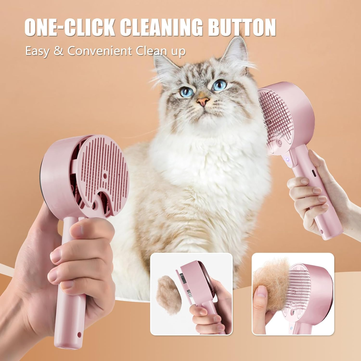 Im Hintergrund ist eine Katze. Hände halten rosa Werkzeuge zur Tierhaarentfernung. Text lautet 'One-click cleaning button'.