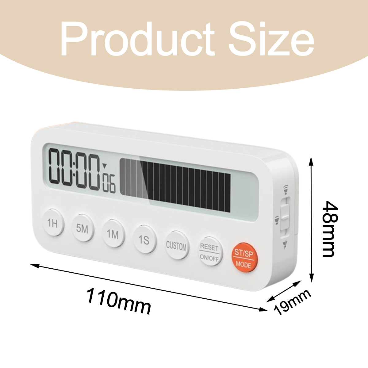 Ein weißer Küchentimer mit Knöpfen, Anzeige 00:00:06, Größenangaben: 110mm x 48mm x 19mm. Oben steht 'Produktgröße'.