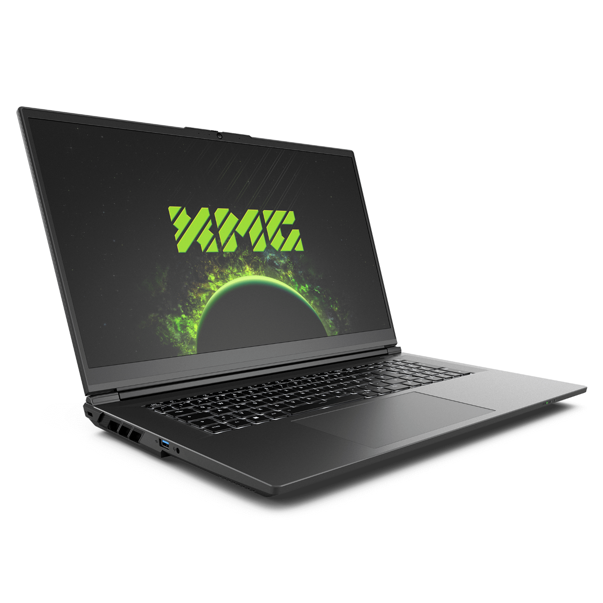 Ein schwarzer Laptop mit einem leuchtend grünen Logo auf dem Bildschirm, das einen Planeten zeigt. Die Tastatur ist sichtbar. Der Hintergrund ist schwarz.