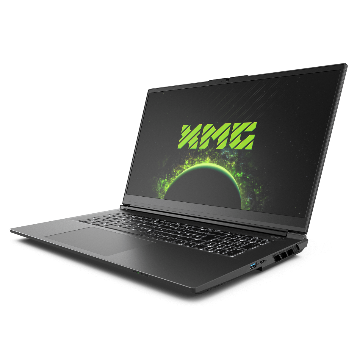 Ein schwarzer Laptop mit grünem Logo auf dem Bildschirm ist geöffnet. Der Hintergrund ist schwarz.