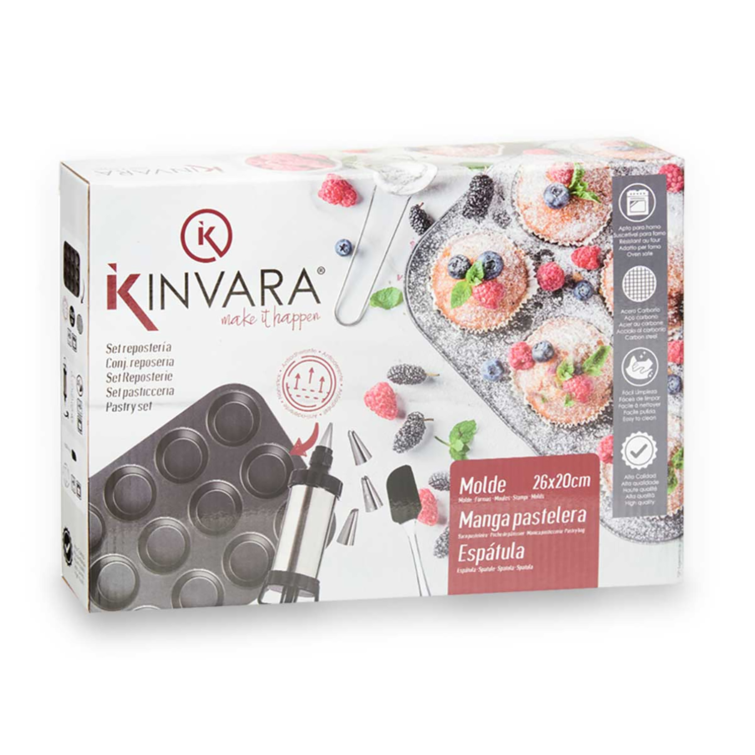 Caja con juego de repostería Kinvara. Muestra muffins con bayas, un molde, espátula y boquillas. Texto en español e inglés.