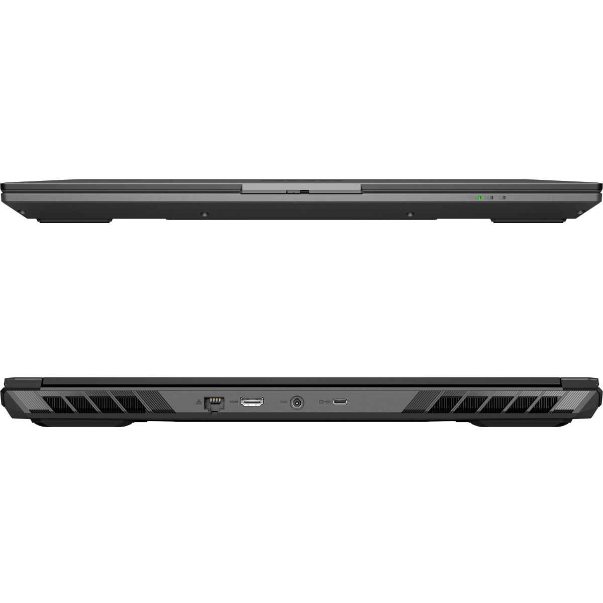 Zwei Ansichten eines dunkelgrauen Laptops. Oben der geschlossene Deckel, unten die Anschlüsse und Belüftung.