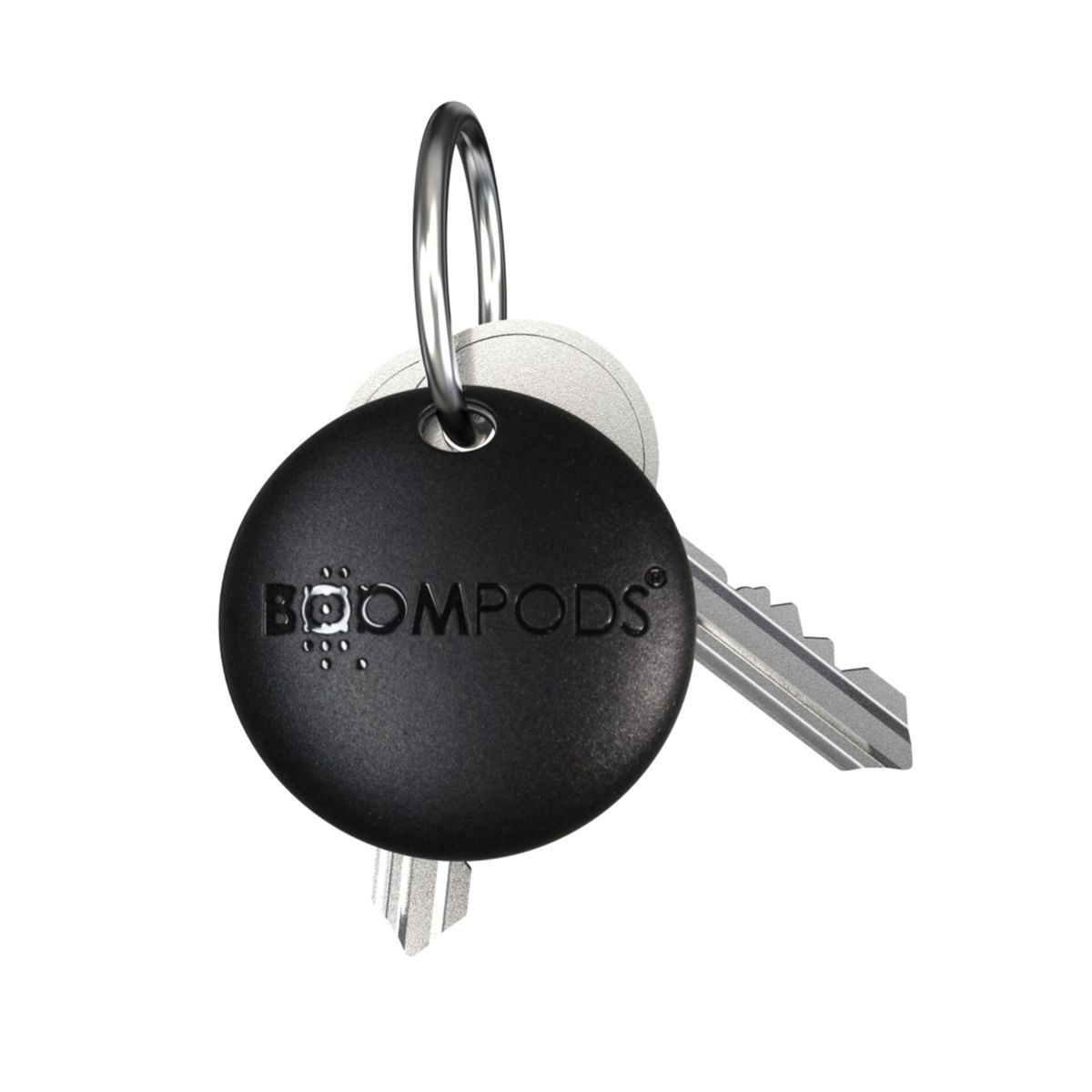 Un portachiavi rotondo nero BoomPods con due chiavi attaccate tramite un anello argentato. Le chiavi e il portachiavi sono su sfondo bianco.