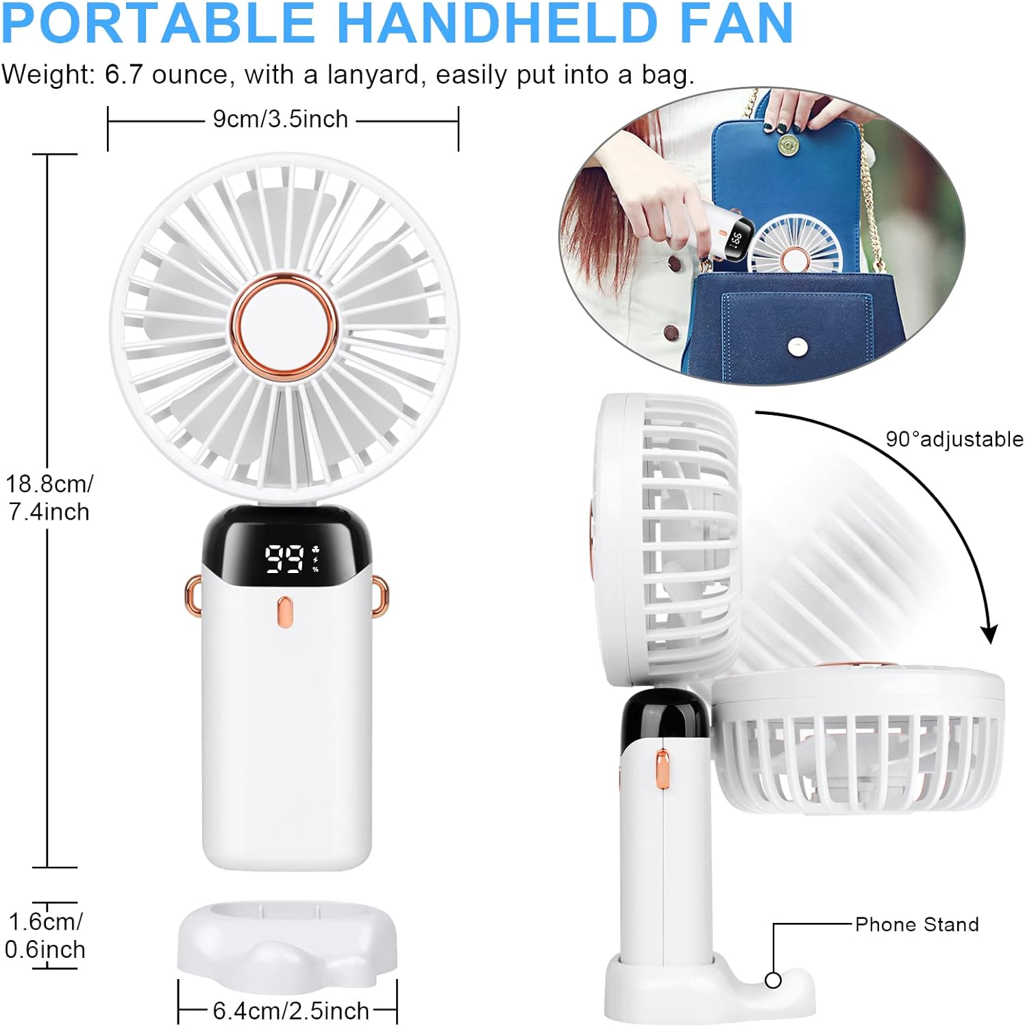 Ein weißer tragbarer Handventilator mit Telefonständer. Abmessungen werden angezeigt, und eine Person legt den Ventilator in eine blaue Handtasche.