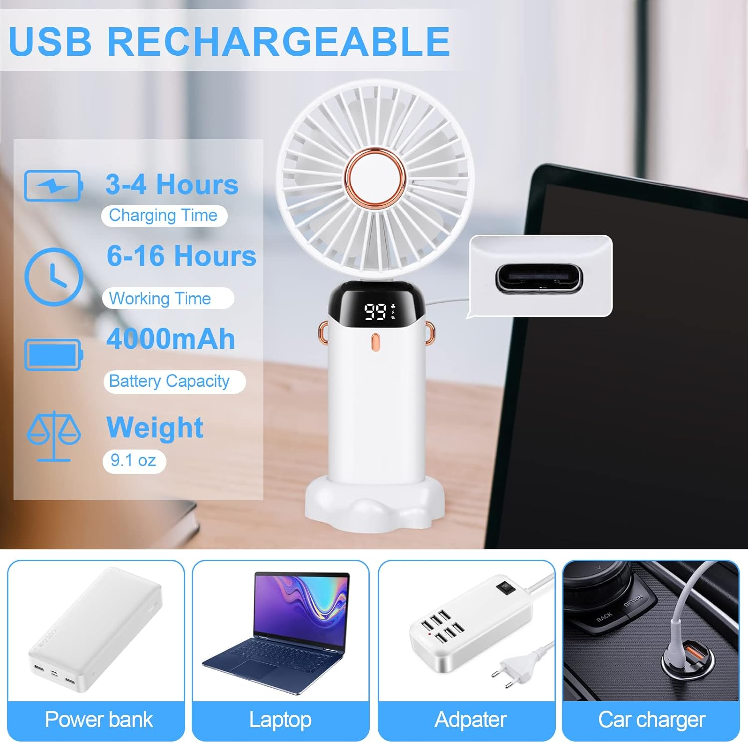 Ein weißer, wiederaufladbarer USB-Ventilator mit Digitalanzeige neben einem Laptop. Unten sind Bilder von Powerbank, Laptop, Adapter und Autoladegerät.