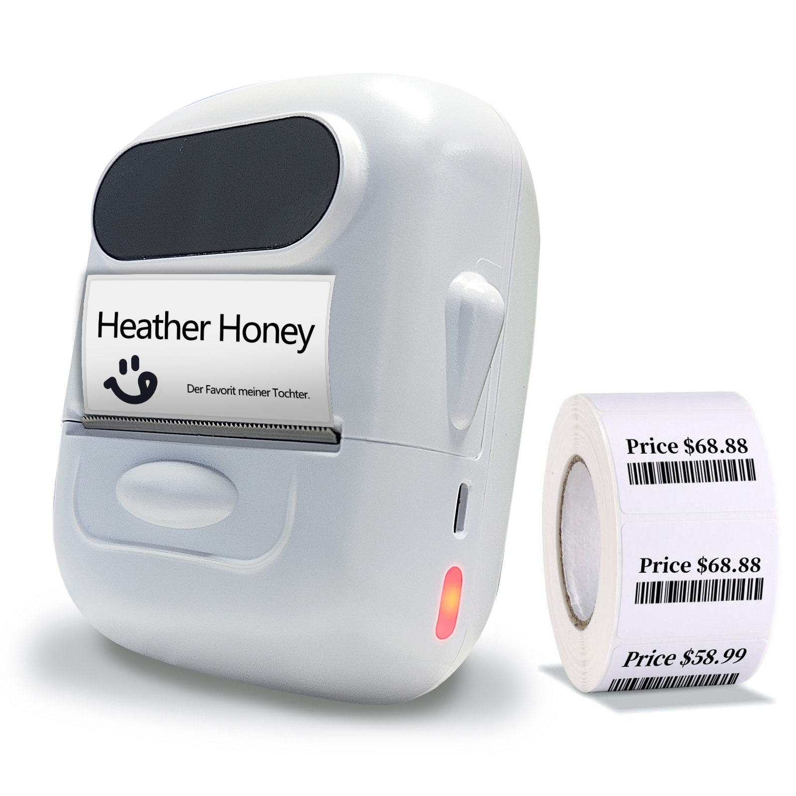 Ein Etikettendrucker mit einem Etikett mit der Aufschrift 'Heather Honey' und eine Rolle Preisschilder. Die Preisschilder lauten '$68.88' und '$58.99'.