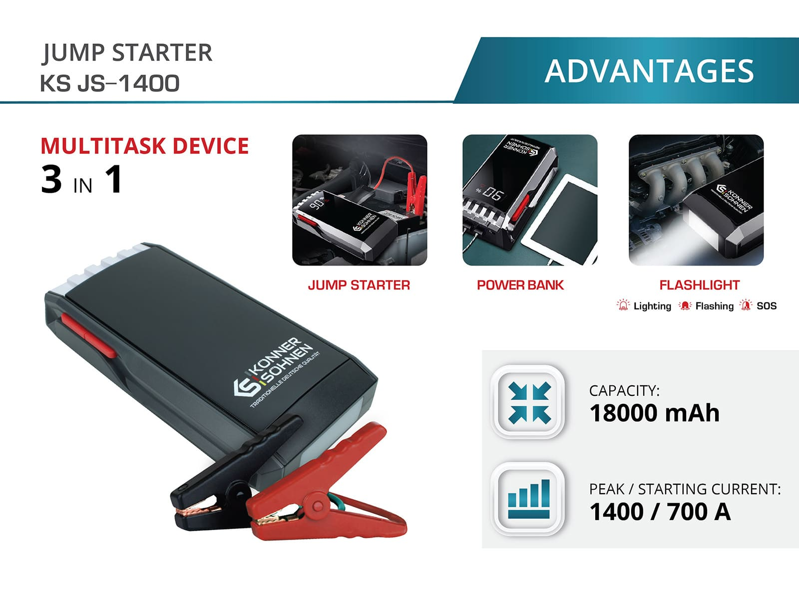 A black jump starter with red and black clamps. It has a digital display and is labeled as a power bank and flashlight.