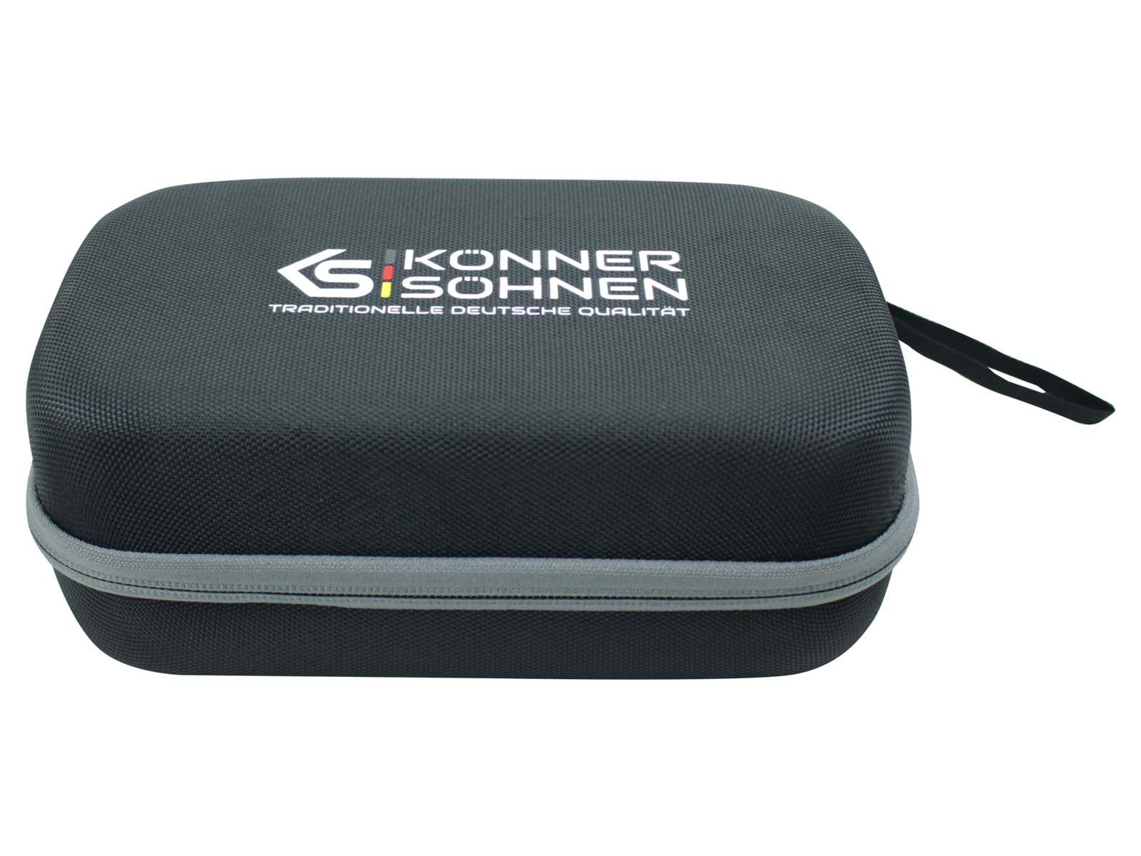 A black, square case with a grey zipper. The top has the logo of 'KONNER & SÖHNEN' in white letters. A black handle is visible.