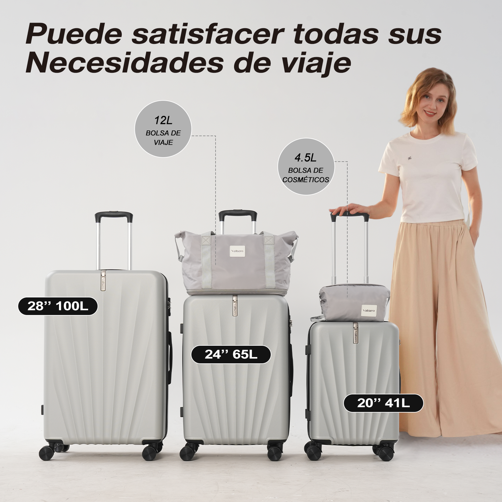 Una mujer está junto a tres maletas y dos bolsas más pequeñas. El texto dice: 'Puede satisfacer todas sus necesidades de viaje'.