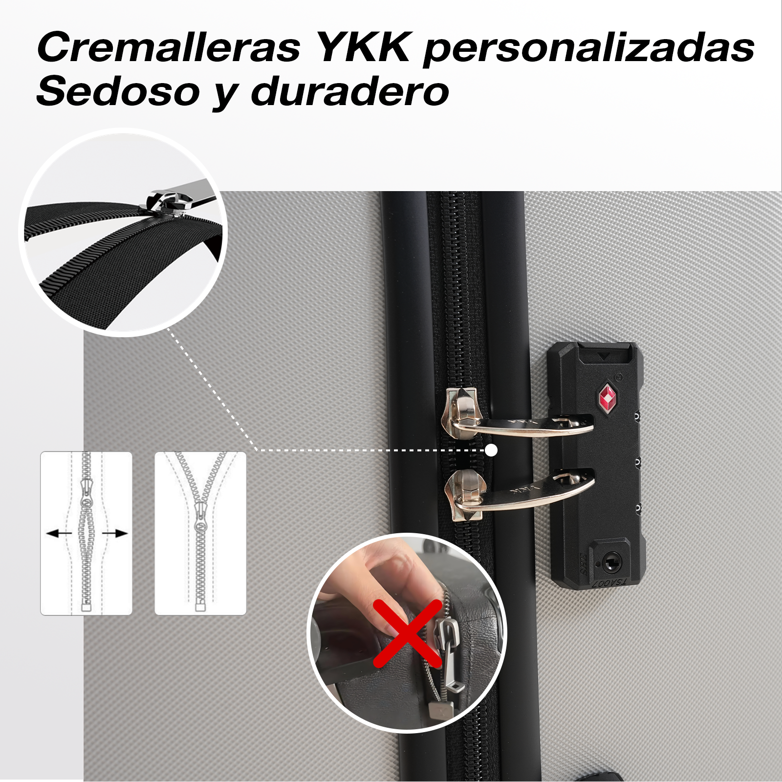 Primer plano de una maleta con detalles. Cremalleras, cerradura y una mano con una X roja sobre la cremallera cerrada.