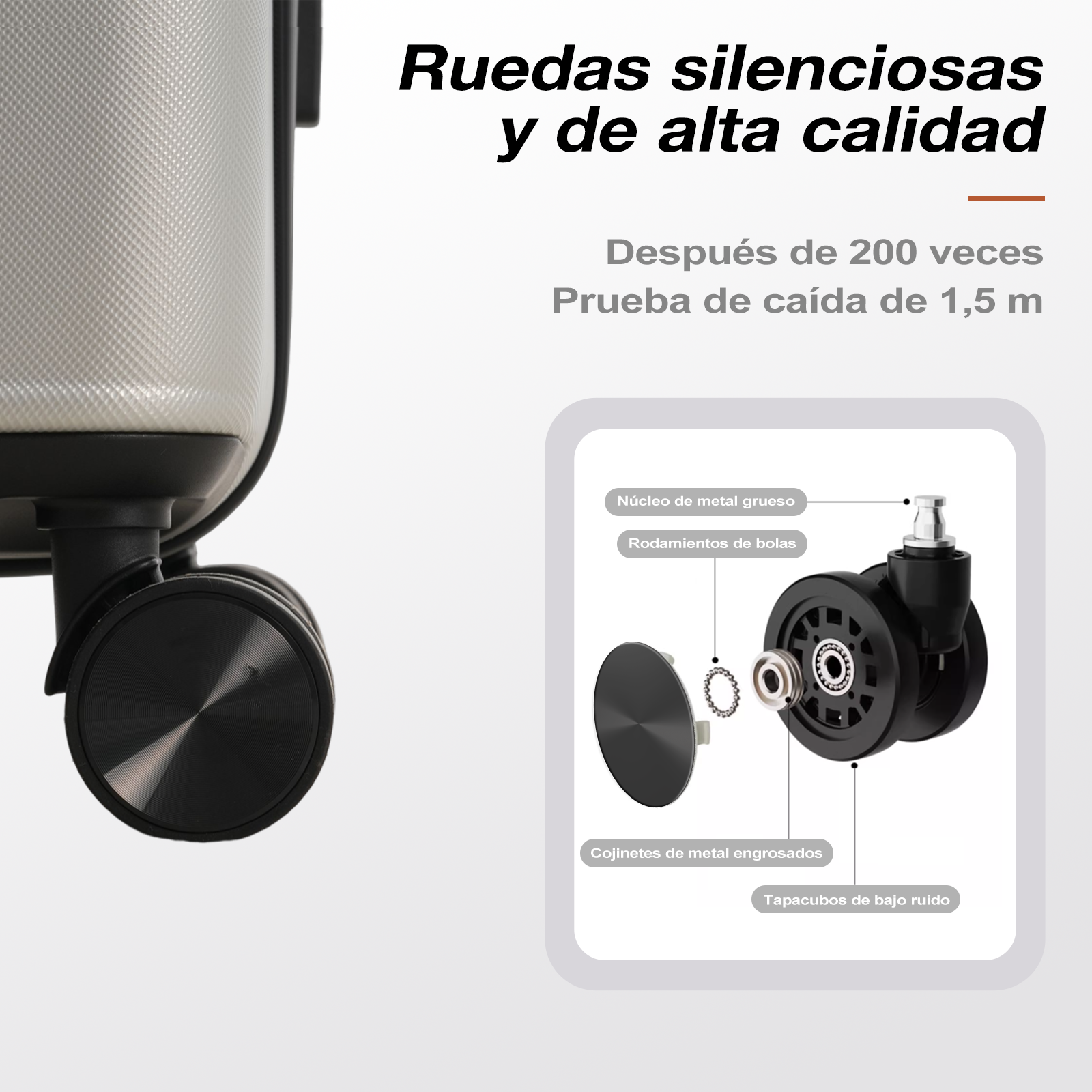 Imagen muestra una rueda de maleta con componentes detallados: núcleo metálico, rodamientos de bolas y tapacubos reductores de ruido. Texto menciona prueba de caída.