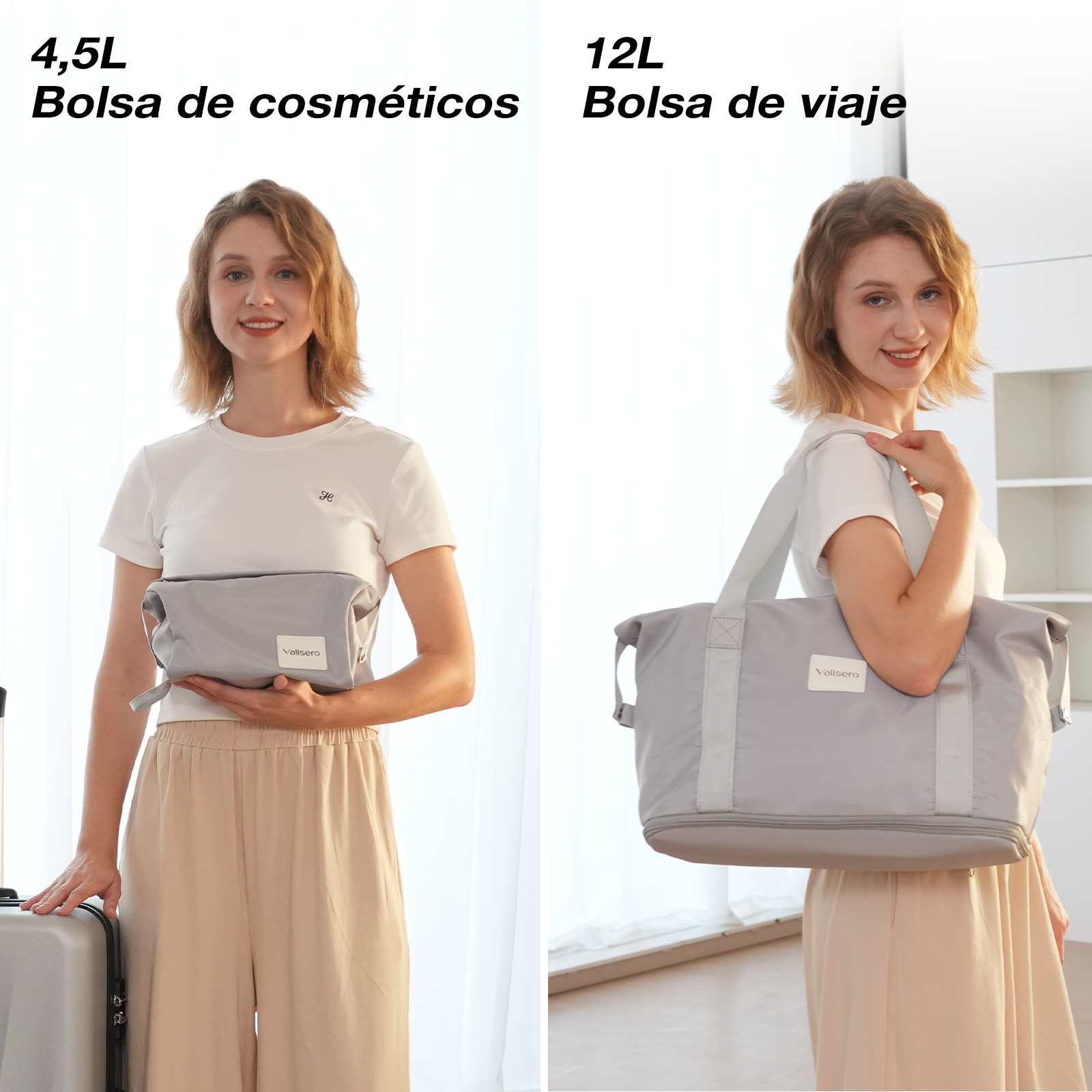 Una mujer sostiene una bolsa de cosméticos gris y una bolsa de viaje. Ambas bolsas tienen la marca 'Vellsero'. Ella sonríe a la cámara.