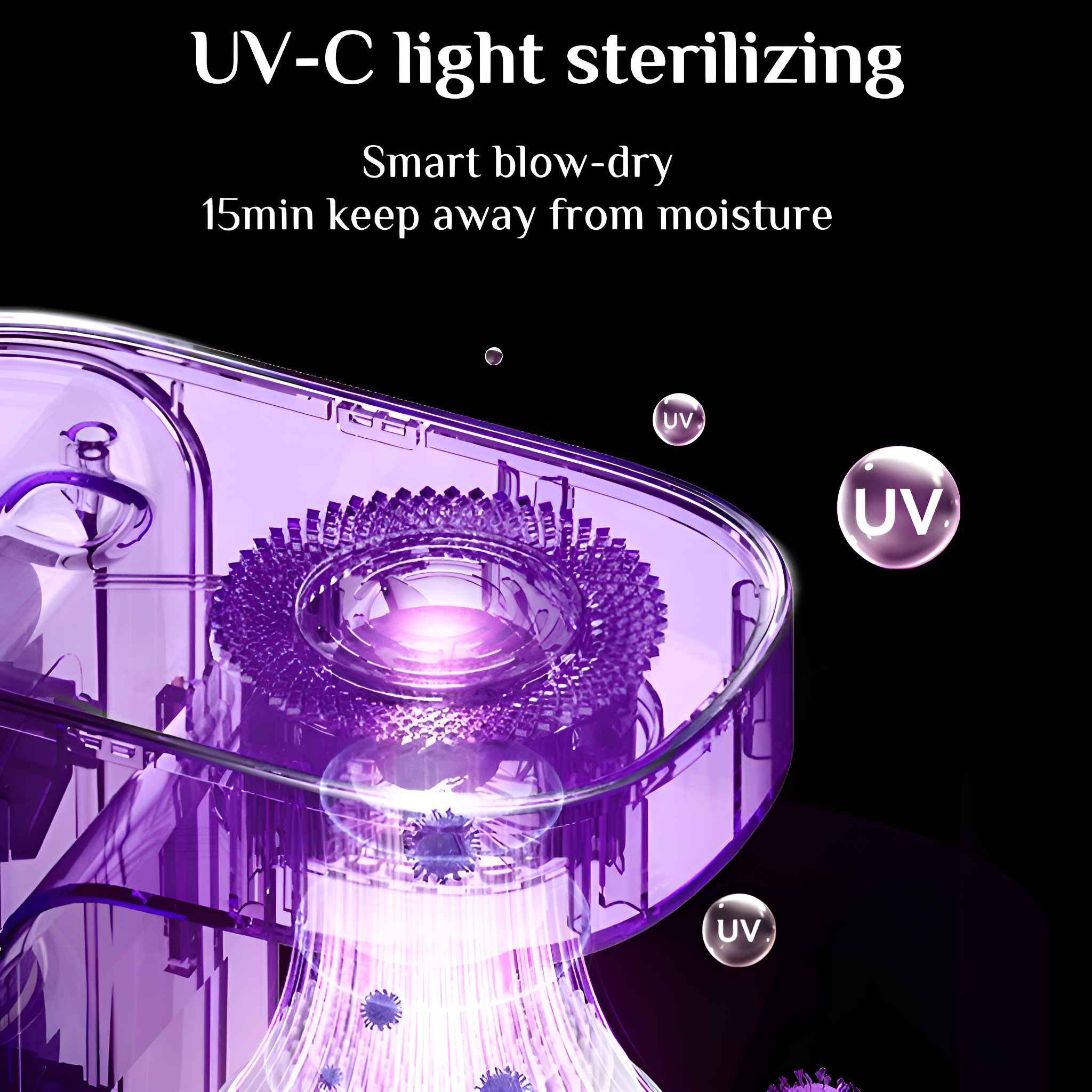 Ein lila UV-C-Lichtsterilisator mit Textüberlagerung, einschließlich UV-Symbolen und einem Diagramm.