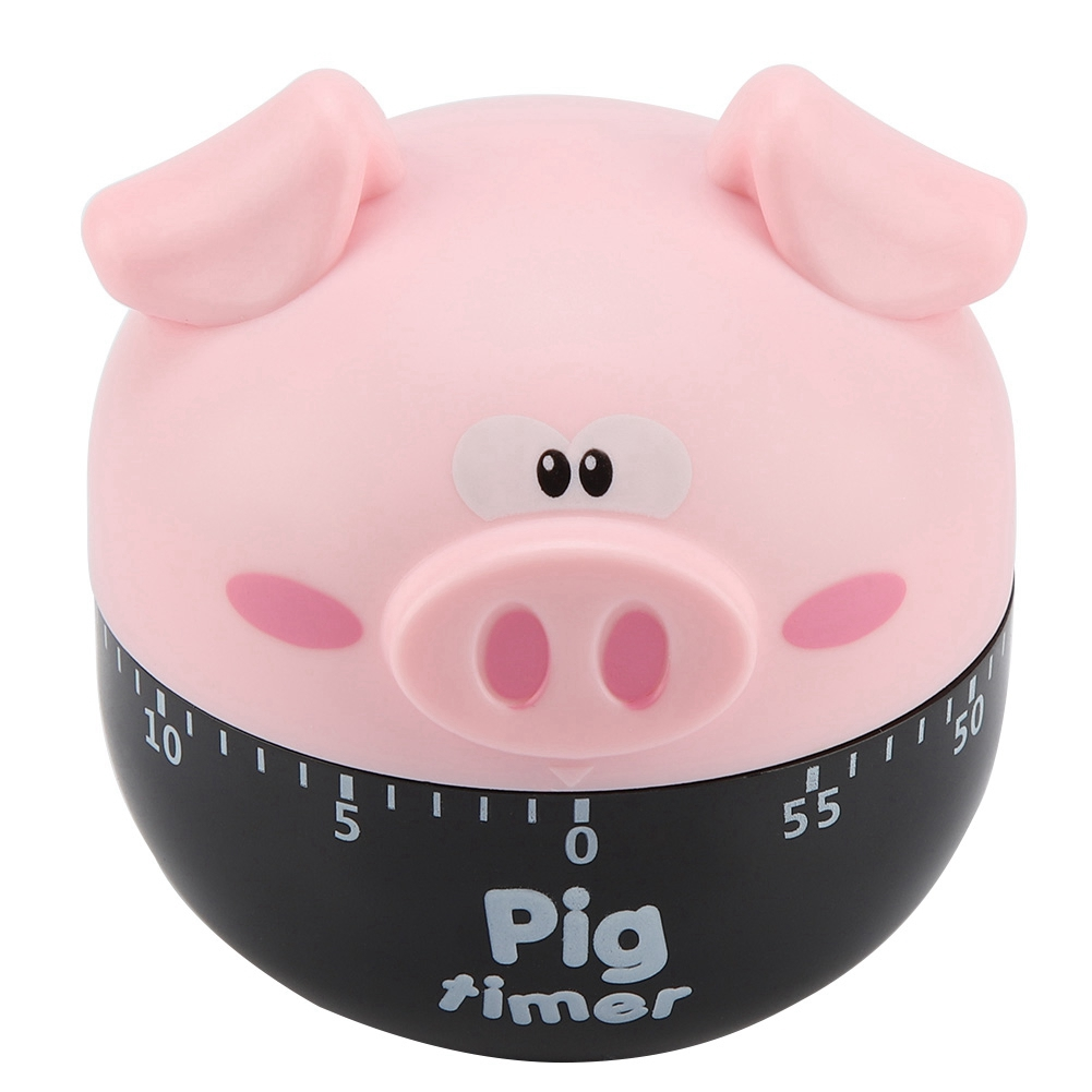 Ein rosafarbener Küchenwecker in Schweineform mit schwarzem Sockel. Er hat ein Schweinegesicht mit Augen, Schnauze, Ohren und dem Wort "Pig timer".