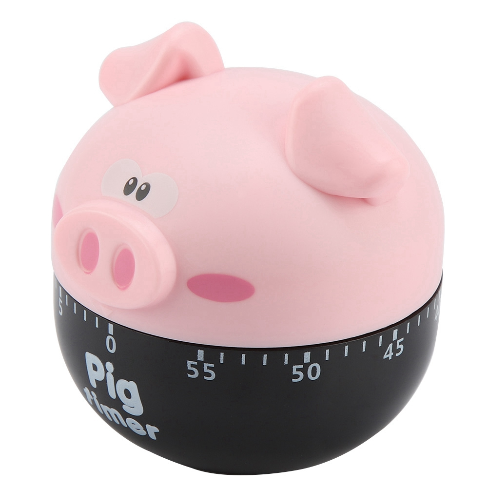 Ein schweineförmiger Küchentimer. Rosa Kopf mit Ohren, Augen und Schnauze. Schwarzer Sockel mit Zahlen, die die Zeit anzeigen. Aufgedruckt ist: "Pig timer".